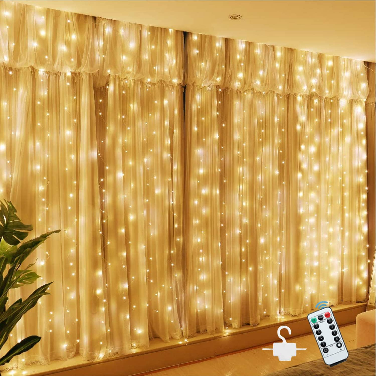 300LED Curtain String Lights,Usb Plug Fairy Curtain Lights in 8 Modes Christmas String Hanging Lights with Remote Controller for Bedroom,Indoor,Outdoor,Weddings,Party,Porch,Birthday Decorations (3*3M) White