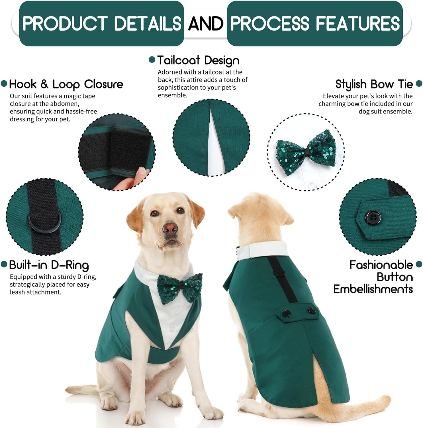 Dog Tuxedo, Dog Wedding Outfit and Bandana Set, Dog Tuxedo Costume, Pet Clothes Puppy Formal Shirt with Removable Bow Tie, Dog Suit for Small Medium Large Dogs, Dog Outfit for Party Birthday Festival image number 5