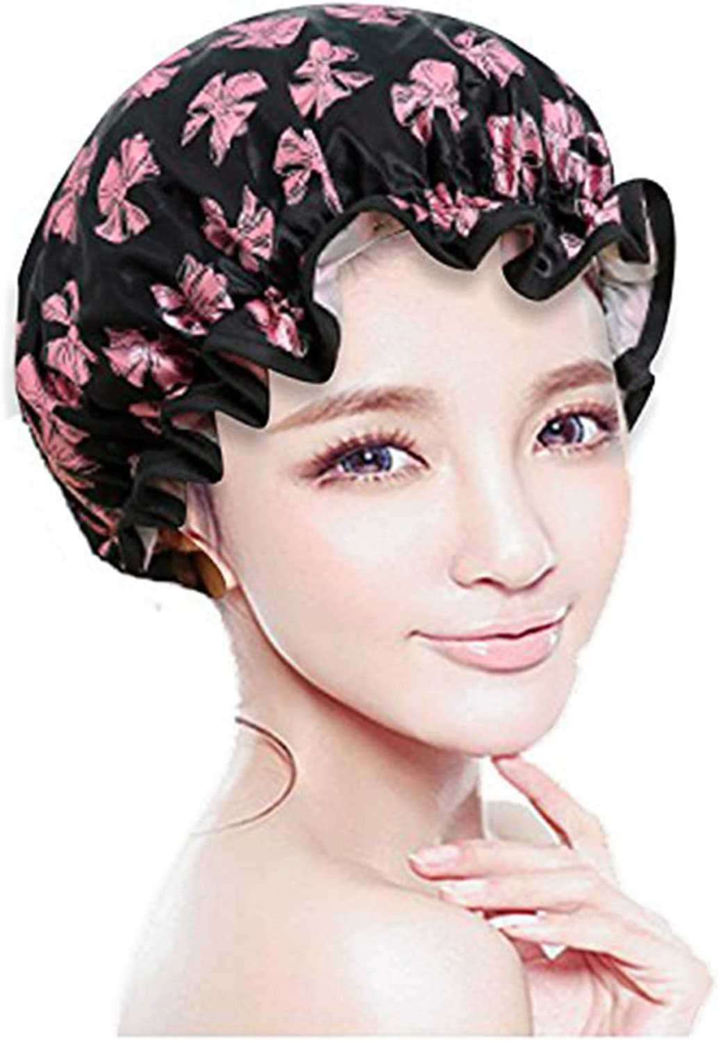 Kissdate 3 Packs Double Layer Shower Cap Waterproof Elastic Bath Cap for Women Shower Spa Salon image number 1