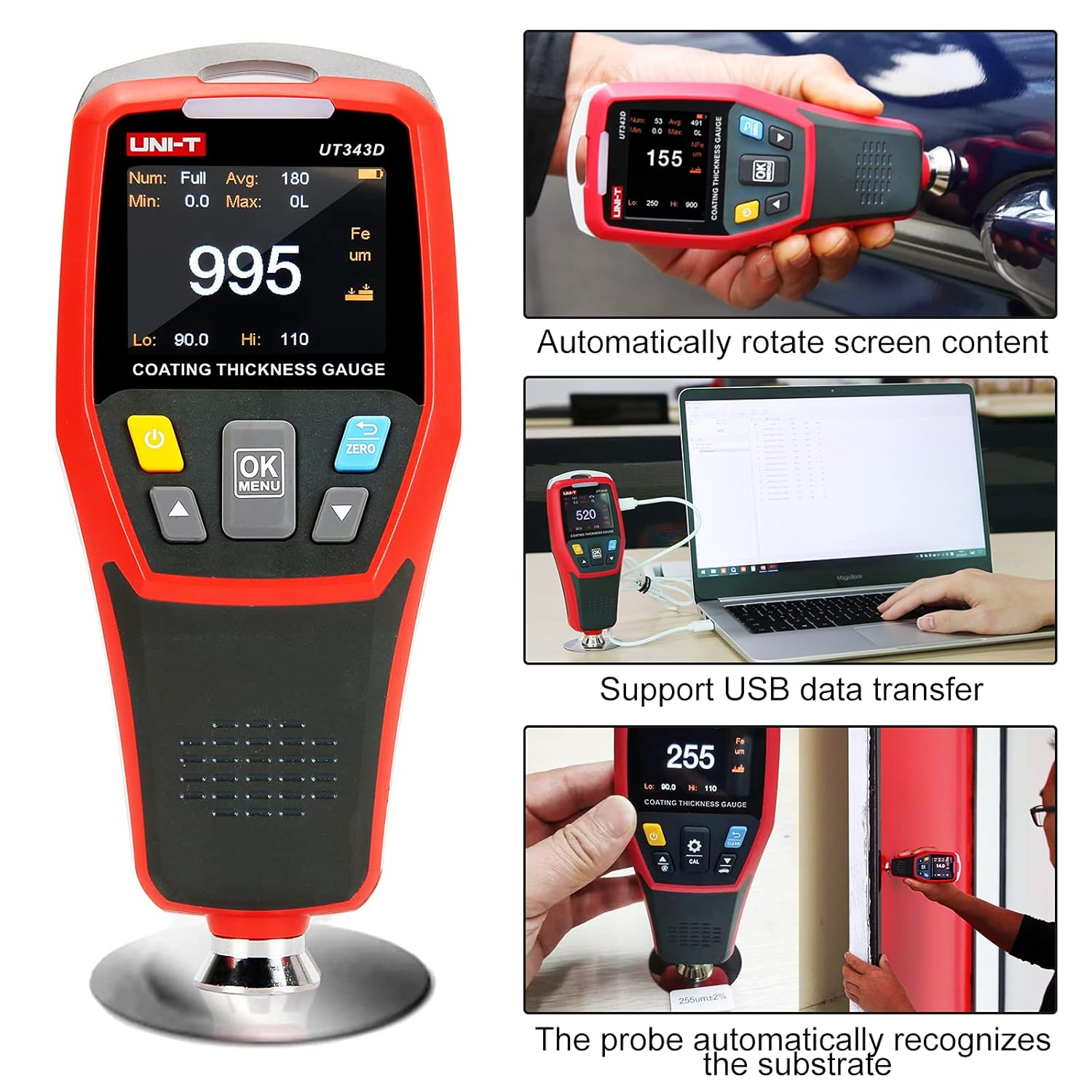 UNI-T UT343D Digital Coating Thickness Gauge Meter Tester Range 0 to 1250Um with USB Data Function image number 3