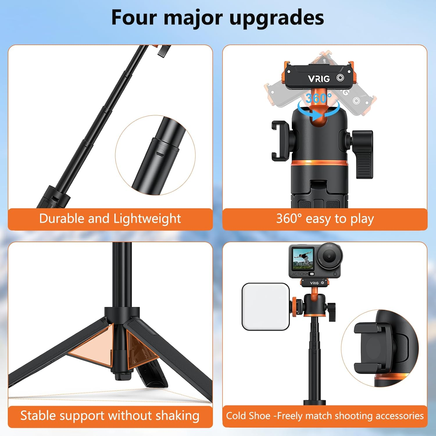 VRIG Action Camera Selfie Stick Tripod for DJI Osmo Nano/Action 6, Dual-Direction Magnetic Quick Release Adapter 360&deg; Ball Head & Cold Shoe Mount, 8 to 21 Inches Extendable Rod, AC-40N image number 2