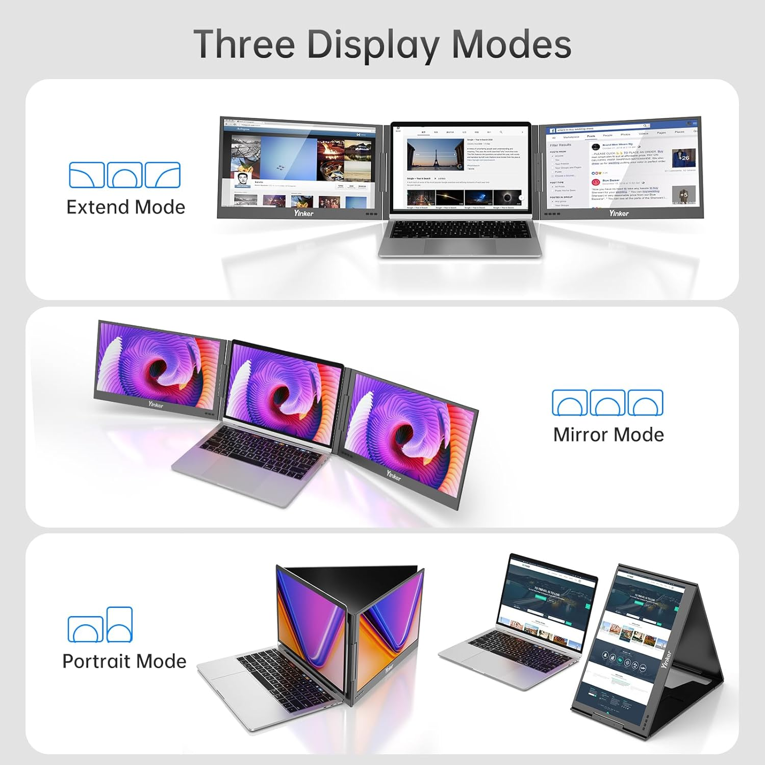 Laptop Screen Extender, 15.6'' Portable Triple Laptop Monitor Extender, Only One USB-C Connection, 1080P FHD, 360&deg; Rotation Compatible with Macos, Windows, Android, Fit 11-17'' Laptops image number 1