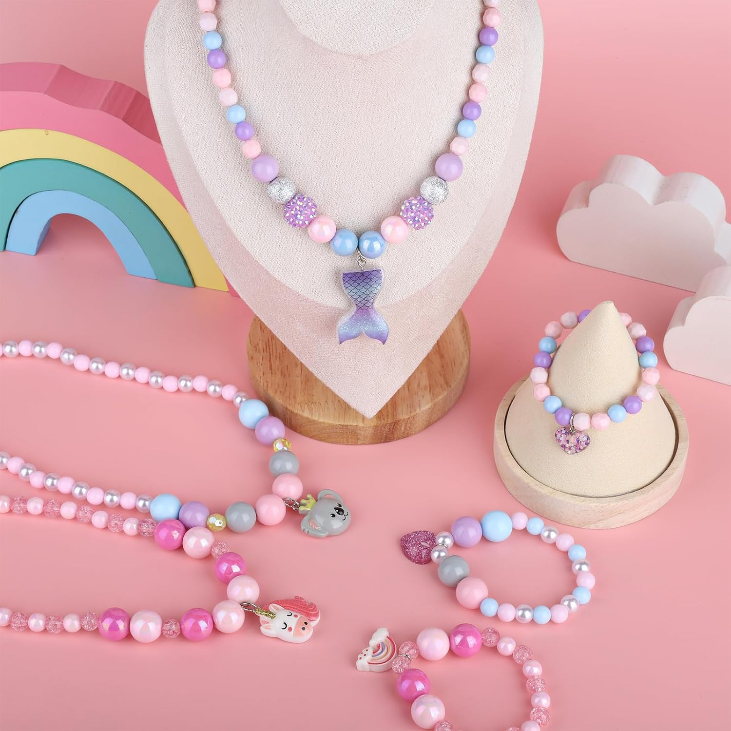 Niceup Kids Jewelry for Little Girls, Mermaid Unicorn Koala Kids Play Beaded Stretch Necklaces and Bracelets, Jewelry Gifts for Girl Toddler Princess Dress up Birthday Party Favors Party Bag Filler image number 3