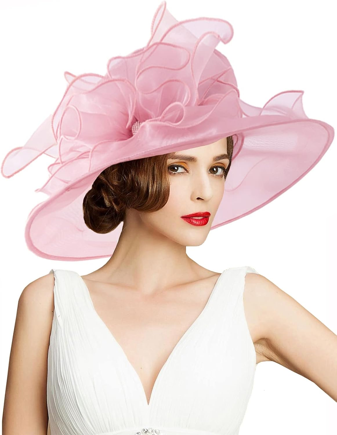 TLMNU Organza Fascinator Hat - Women&iexcl;&macr;S Wide Brim Church Bridal Tea Party Wedding Hat - 01-Yellow image number 6