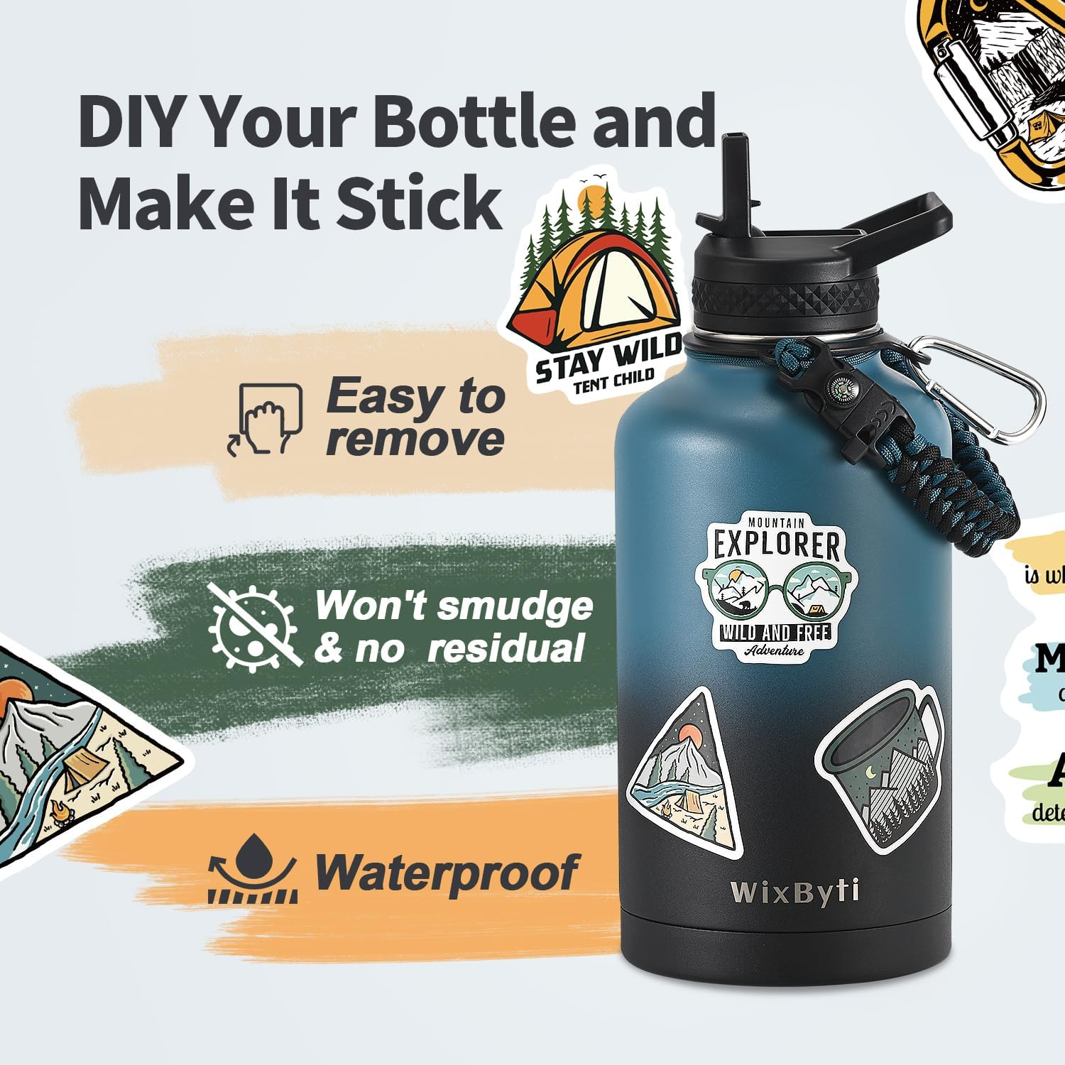 Wixbyti 1900Ml Insulated Water Bottle with Straw (Cold for 48 Hrs), Half Gallon Stainless Steel Triple Wall Vacuum Sports Water Jug, Leakproof Hydro Cup Flask with Straw Spout Lids & DIY Stickers image number 7