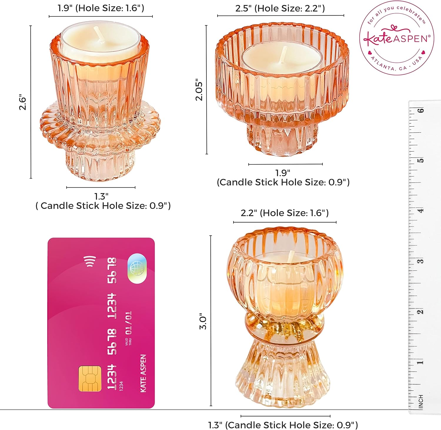 Kate Aspen Vintage Ribbed Rose Gold Pink Glass Candlestick Holders, Pillar Candle, Tealight & Votive Candle Holders (Set of 6, 3 Assorted Sizes), Dining Table Decor, Shelf Decor, Centerpiece image number 4