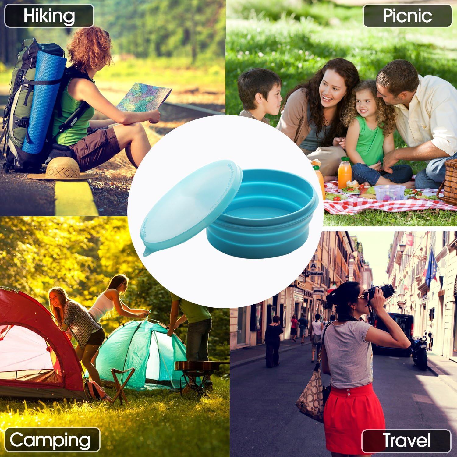 ME.FAN Silicone Collapsible Bowls - Silicone Folding Travel Bowl with Lids - Expandable Food Storage Containers Set - BPA Free, Portable, [27Oz] (2 Pack-Blue-Light Green)