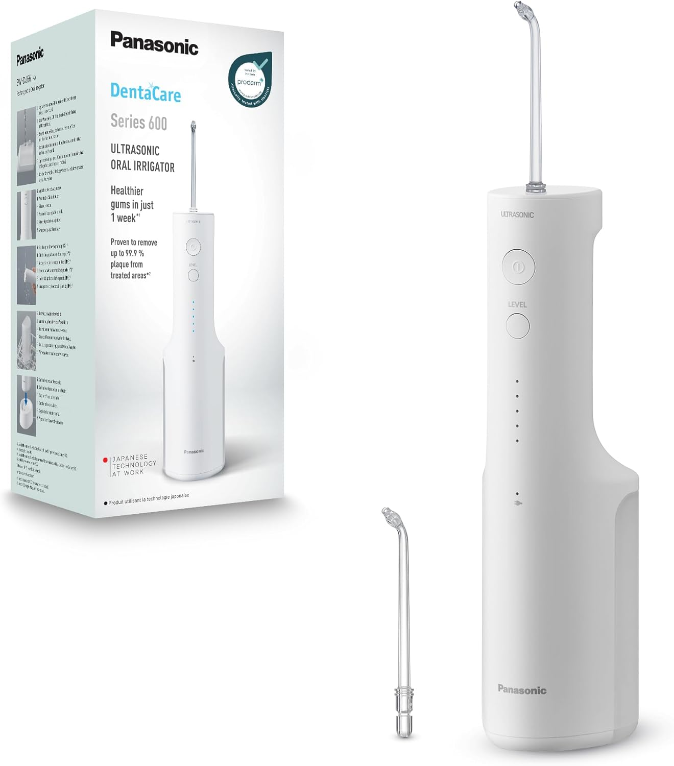 Panasonic Ultrasonic Rechargeable Cordless Water Flosser/Oral Irrigator with 5 Water Pressure Levels, Includes 2 Ultrasonic Nozzles (EW-DJ66-W341)