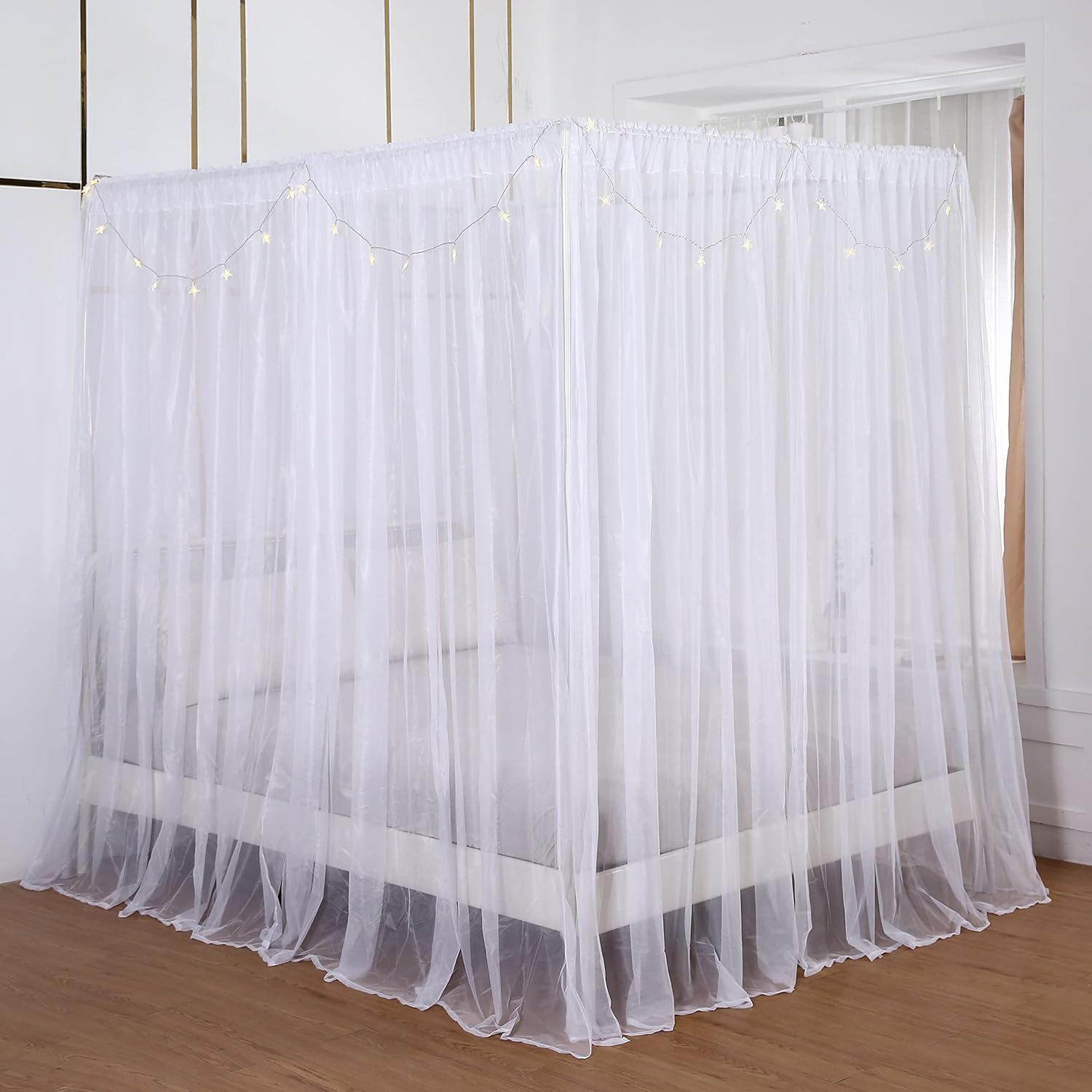 Akiky Princess Canopy Bed Curtains Set Sheer Curtain for Twin Full Queen Size Bed Drapes,8 Panels Canopies with Light,Room D&eacute;cor(Twin, White) image number 2