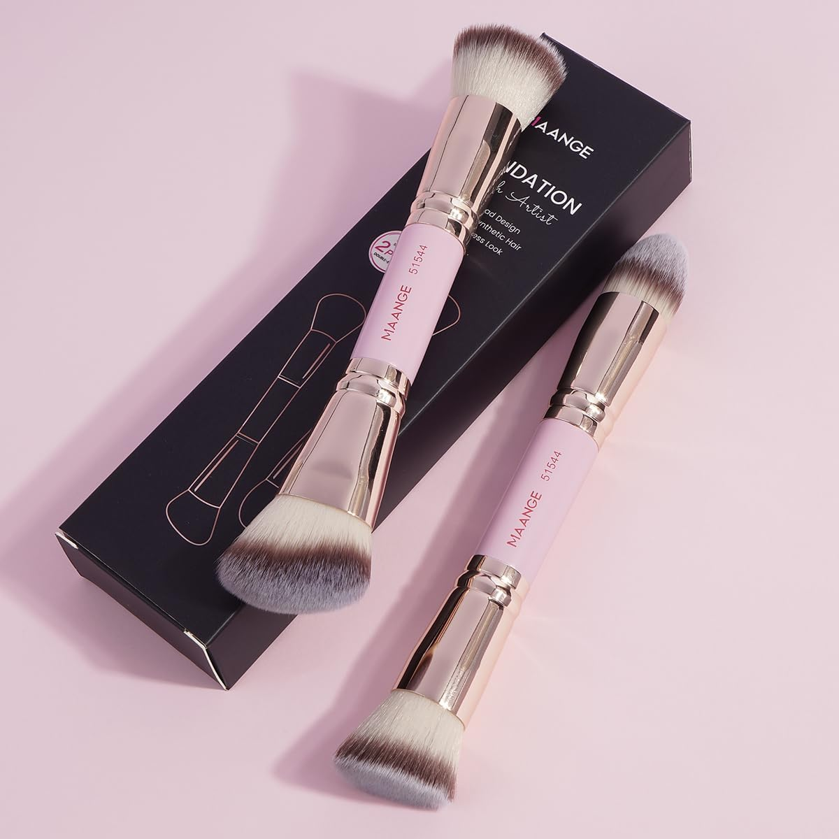 MAANGE Foundation Makeup Brushes, 2Pcs Premium Double-Ended Makeup Brush (Flat/Angled/Angled Round/Tapered Top) for Buffing Liquid, Cream, Powder, Blending Contour Face Brush(Pink/Gold) image number 6