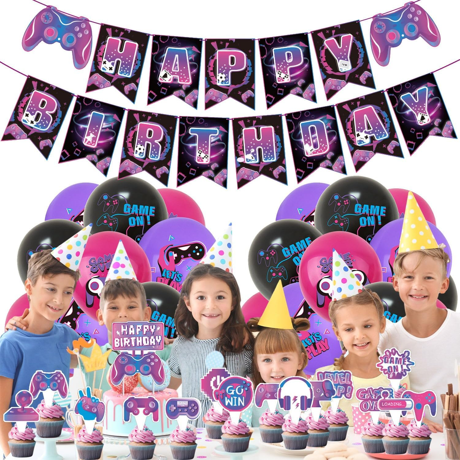 37Pcs Video Game Party Decoration Set, Video Game Themed Birthday Party Decorations, Includes Banner Balloons Cake Toppers image number 4