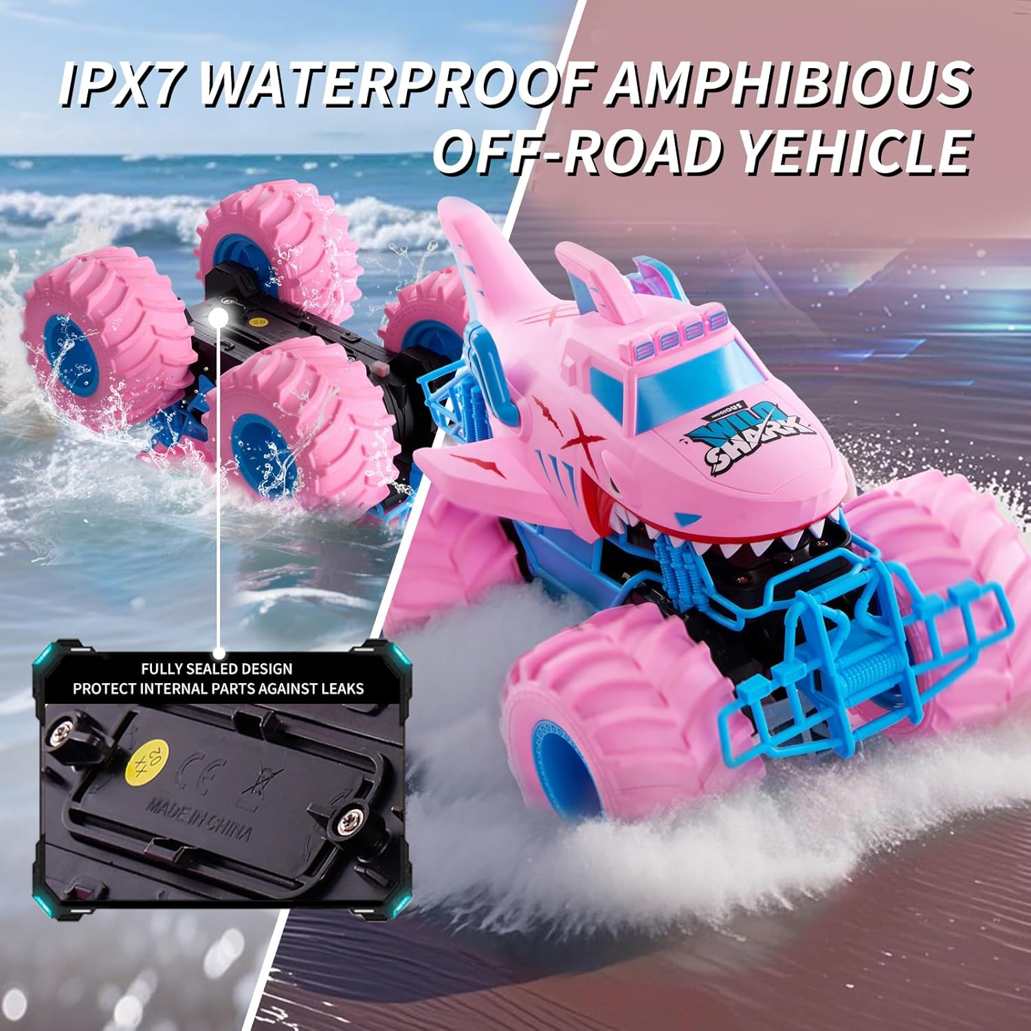 Pink Shark Waterproof RC Monster Truck Toys - Amphibious Remote Control Car 4WD All-Terrain Vehicle Toy for Girls Ages 4-12, Durable Off-Road Fun for Kids, Indoor & Outdoor Play
