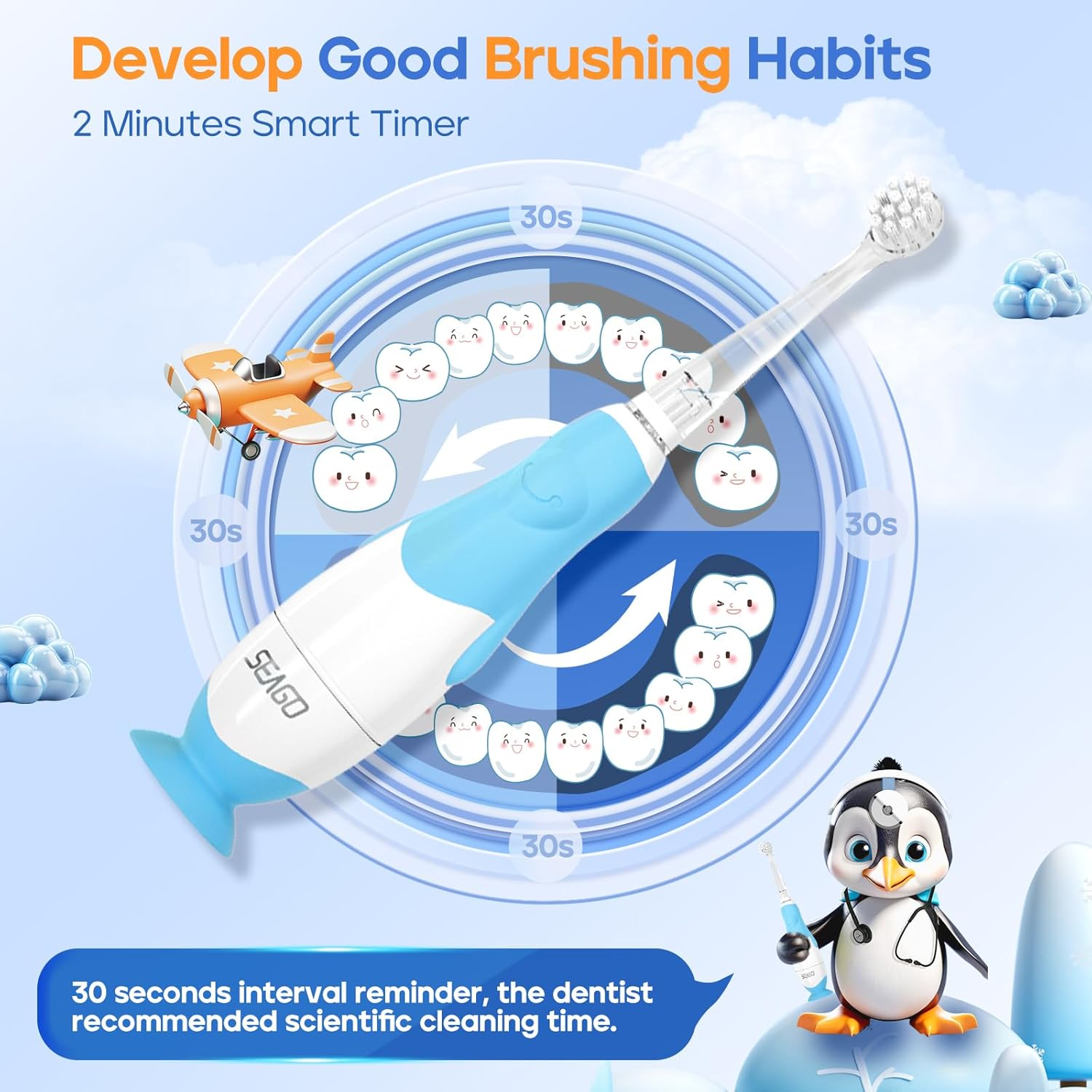 SEAGO Kids Electric Toothbrushes for Baby 0-3 Years, Toddler Toothbrush with Smart Timer and Suction Base, 4 Replacement Brush Heads, LED Observing Light SG-513 (Blue) - Blue image number 3