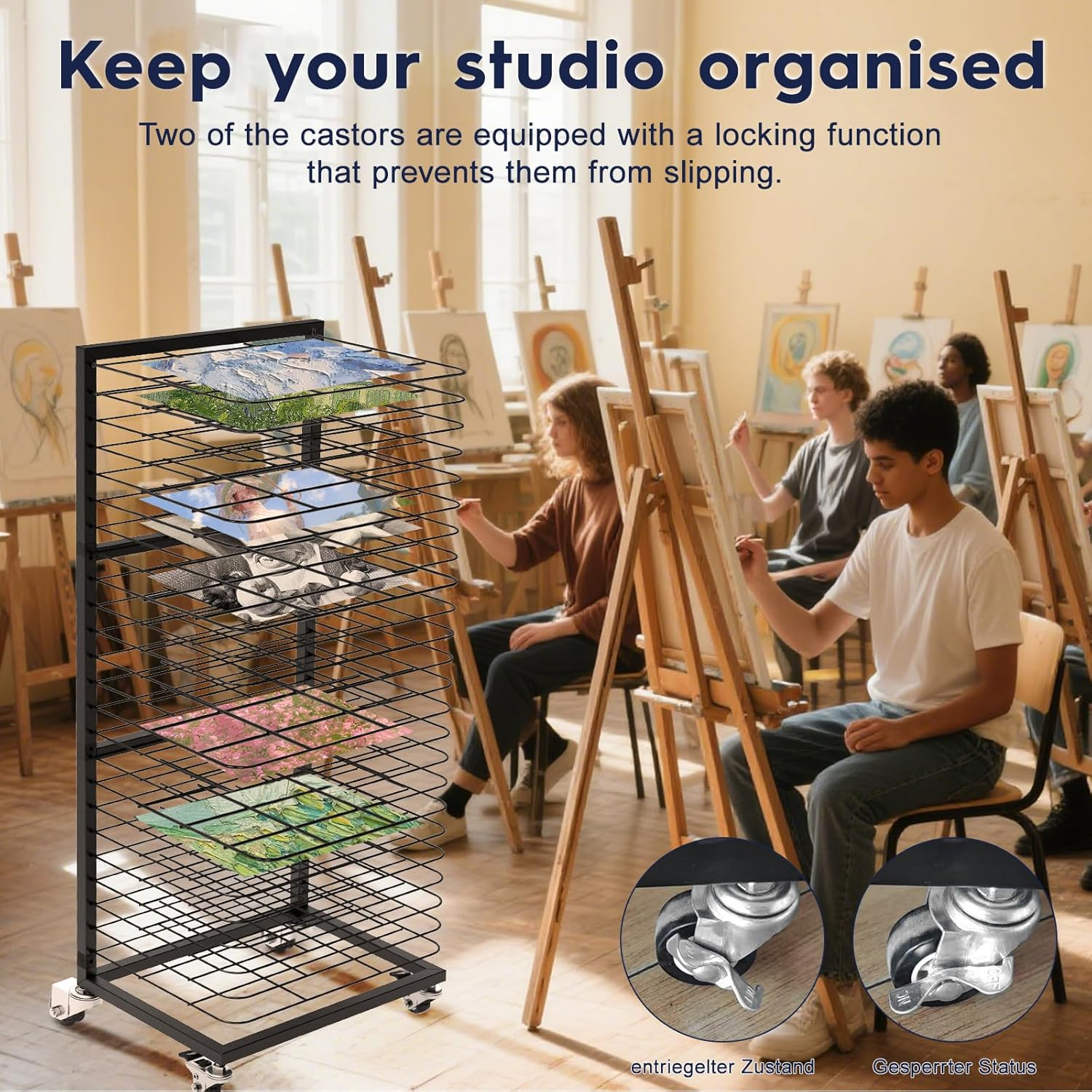 HOOMFIT Portable Art Storage Rack, Removable Shelves Art Rack, 24 Removable Shelves Painting Drying Rack，Art Drying Rack with Lockable Wheels