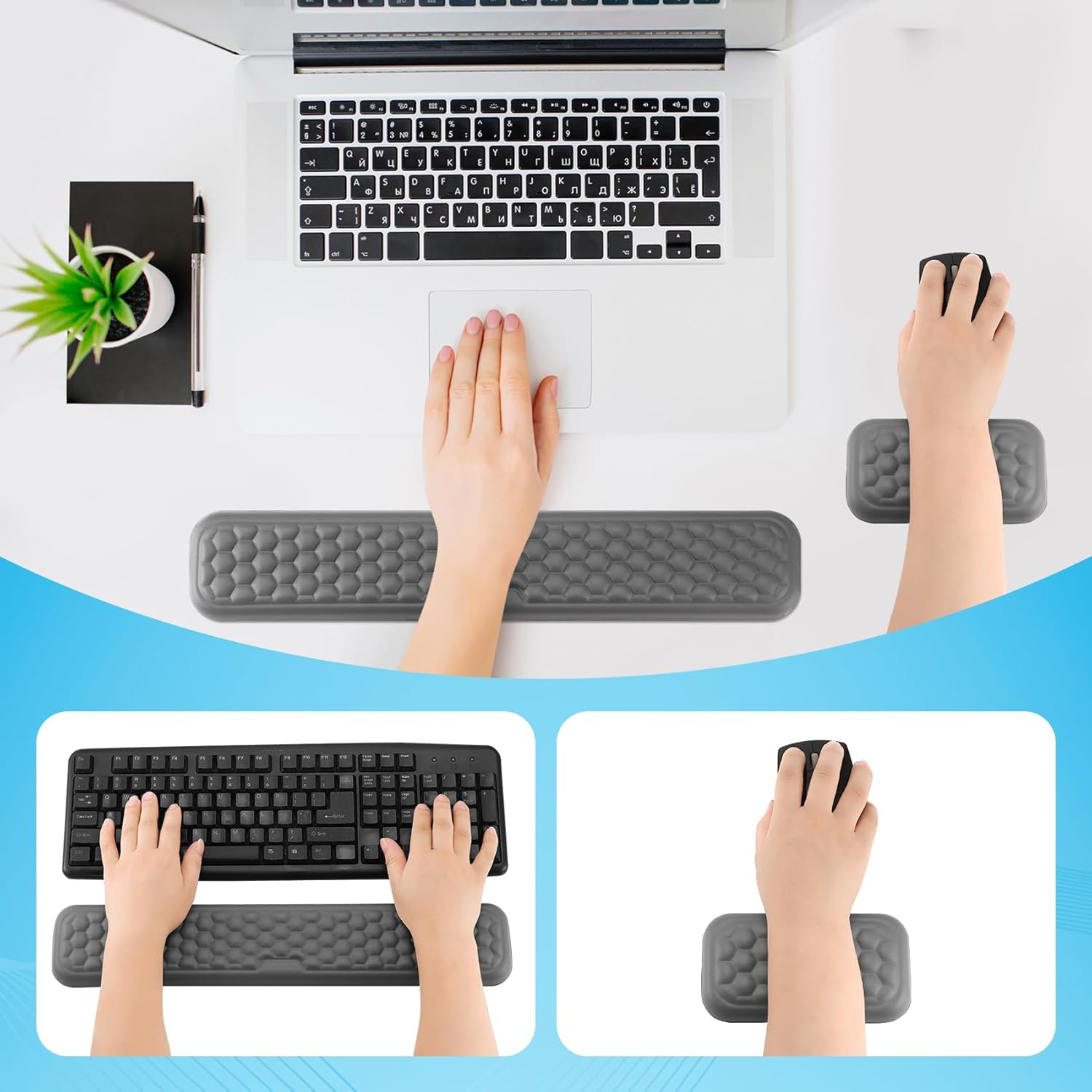 Hcskoss Keyboard Mat Set - Keyboard Wrist Rest Elbow Rest Pad Keyboard Mat Ergonomic Keyboard Mouse Pad with Wrist Support,Soft Memory Foam & Anti-Slip Base & Pain Relief for Office,Computer Gaming image number 2