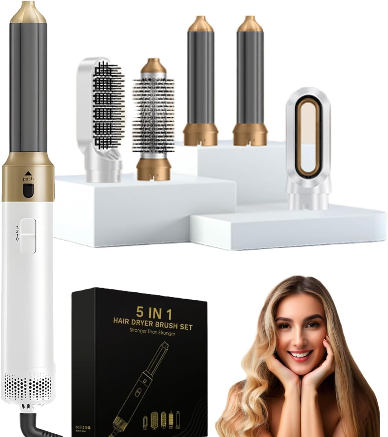 Wisbtyco Air Styler 5-In-1 Hair Styling Brush Set,Au Plug, Air Wrap Detachable Tools for Curling, Volumizing, Straightening Premium White Gold Tools Kit,Thermal Brush for All Hair Types