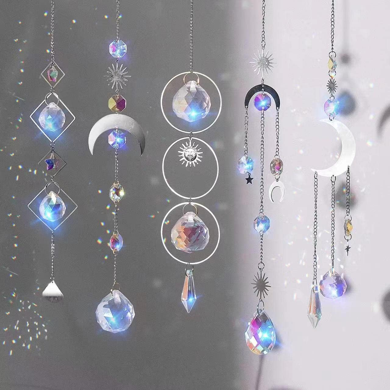 Nuyikaso 5Pcs Suncatcher Crystal Hanging Wind Chimes Rainbow Sun Moon Pendant Sun Catcher Balls for Window Home Garden Christmas Day Party Wedding Decor Silver