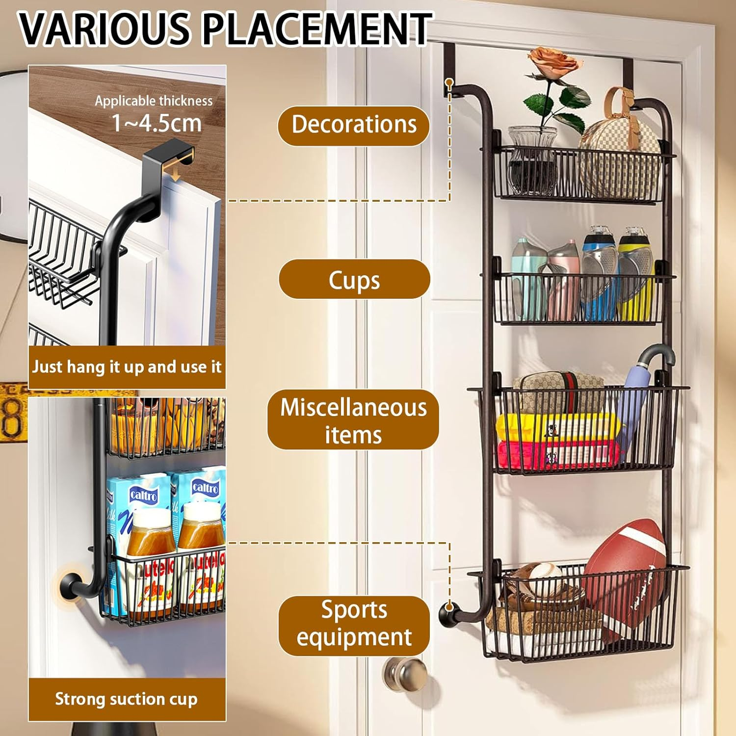 Eqiech over the Door Organizer, 4-Tier over the Door Pantry Organizer,Metal Hanging Storage Rack,Detachable Frame,Hanging Wall Mount Spice Rack,For Pantry,Cabinet,Bedroom,Bathroom