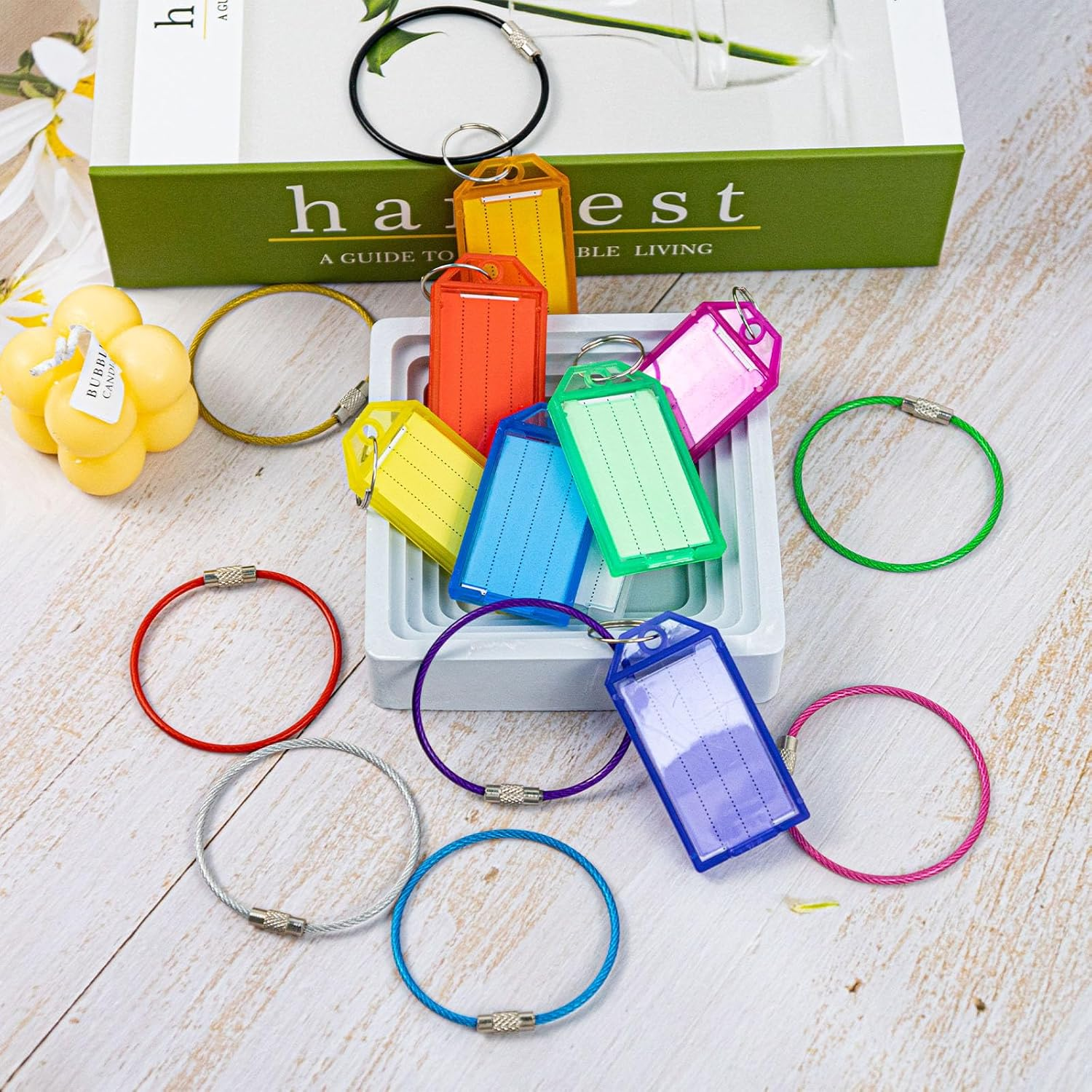 24Pcs Plastic Key Tags, 16 Pack Wire Keychain Cable Large Stainless Ring, Key Tags for ID Name Item Identifiers, Luggage image number 2