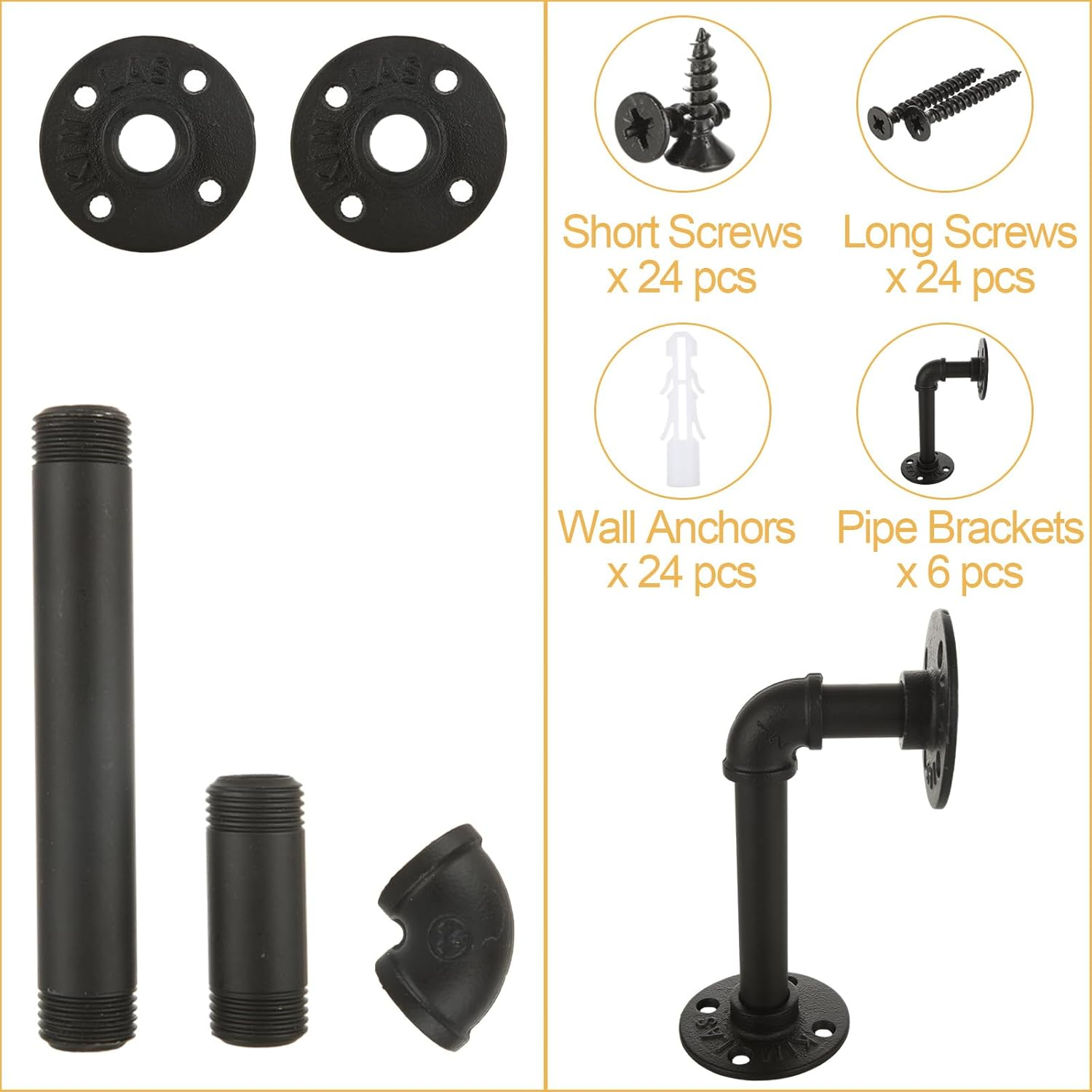 GBACHOOSE 6Pcs Industrial Pipe Shelf Brackets, Black Pipe Brackets Floating Shelf for Book Shelf Floating Shelves, Custom Wood Shelves Wall Mounted, Metal Rustic Pipe Decor with Hardware Included