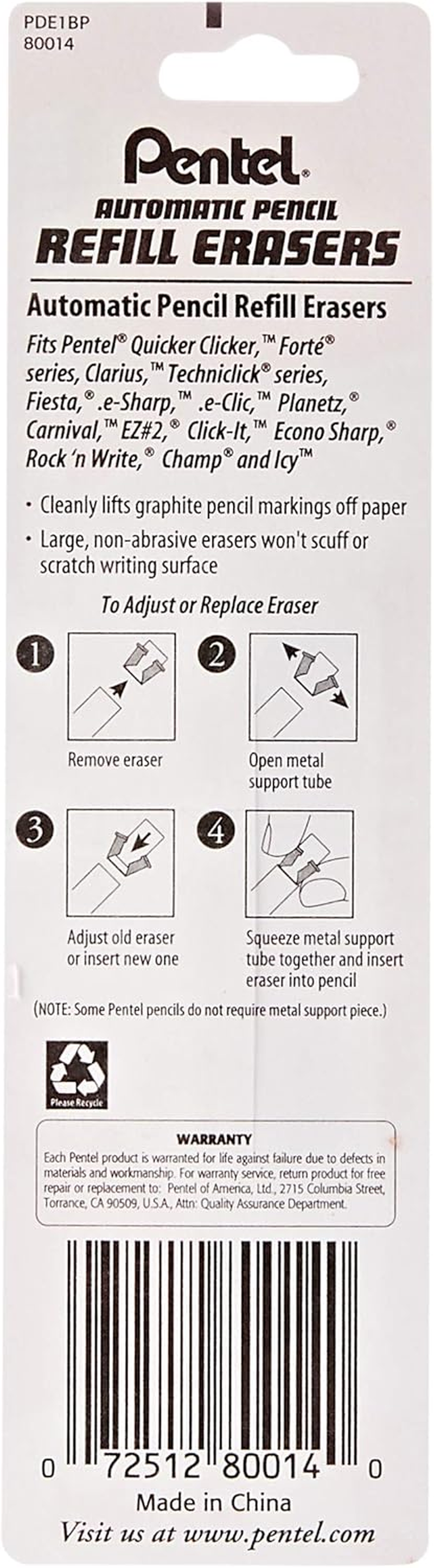 Pentel Australia PDE1BP-K6 Eraser Refill for Mechanical Pencils, PDE-1 Blister Pack, Box of 6 image number 1