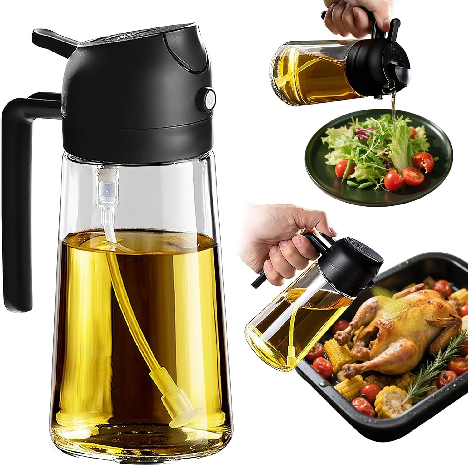 Vivva 16Oz/470Ml Olive Oil Dispenser - 2 in 1 Olive Oil Spray Bottle for Cooking Oil Sprayer Glass Oil Bottle Kitchen Tools, Premium Food-Grade Oil Mister for Air Fryer, Salad, Frying and BBQ (White)