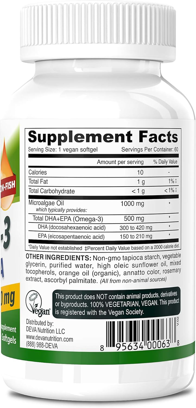 Deva Vegan Omega-3 DHA - EPA 500 Mg Potency - Carrageenan Free - Non Fish - from Algae - 60 Vegetarian/Vegan Softgels, Manufactured in the USA**