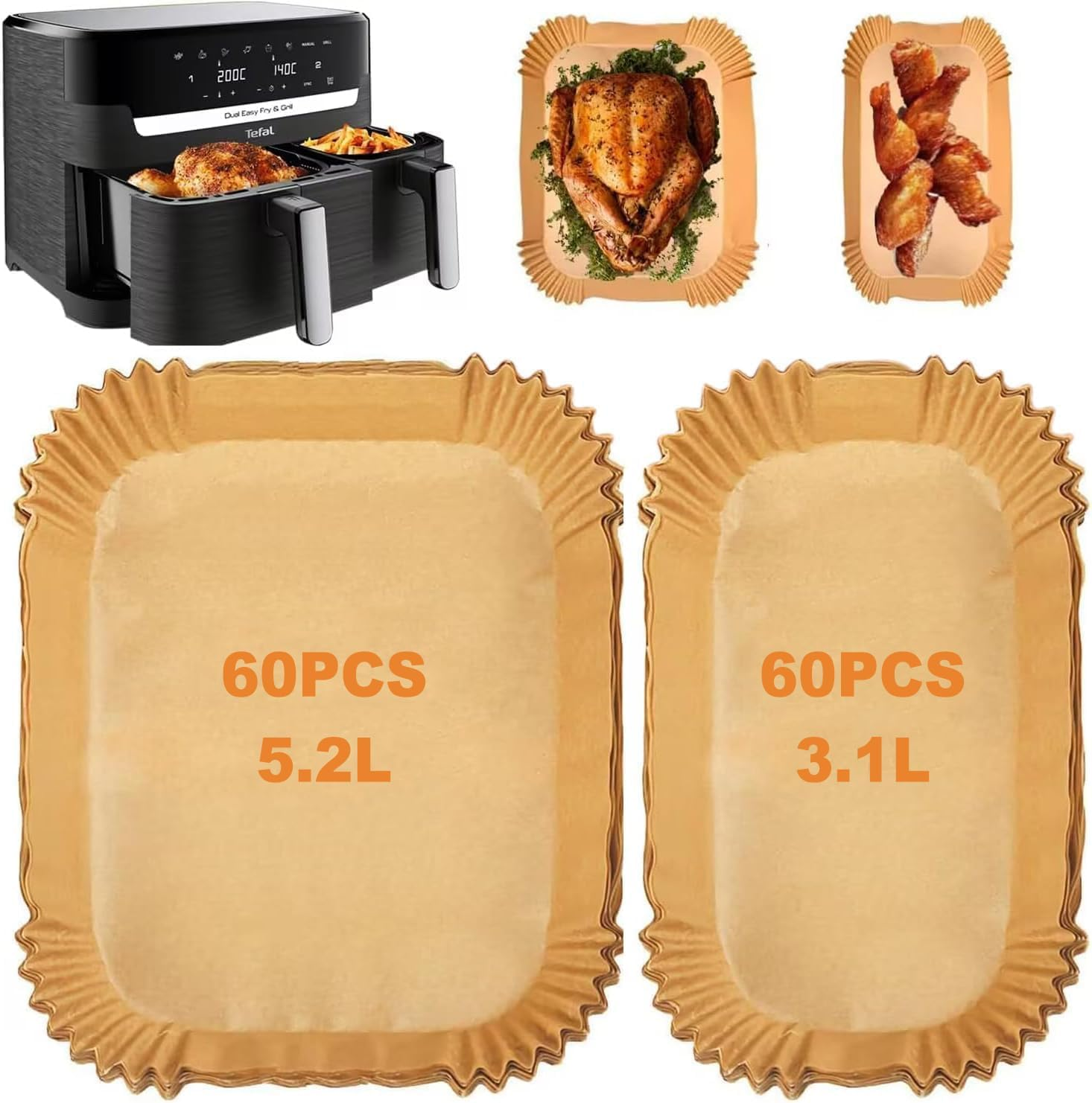 Pack of 120 Baking Paper for Tefal EY9018 5.2/3.1 L, Cecotec 5.5/3.5 L, Lakeland 5L/3L, Baking Paper for Hot Air Fryer Philips Dual Basket Airfryer 3000 Series, DMS, Cecotec, Air Fryer Accessories image number 3