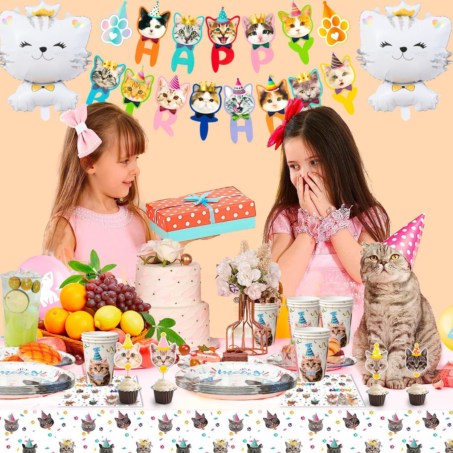 Cat Birthday Party Supplies, 16 Guests Cat Birthday Decorations Tableware Set, Kitten Party Plates Napkins Tablecloth Banner Balloons Etc image number 5