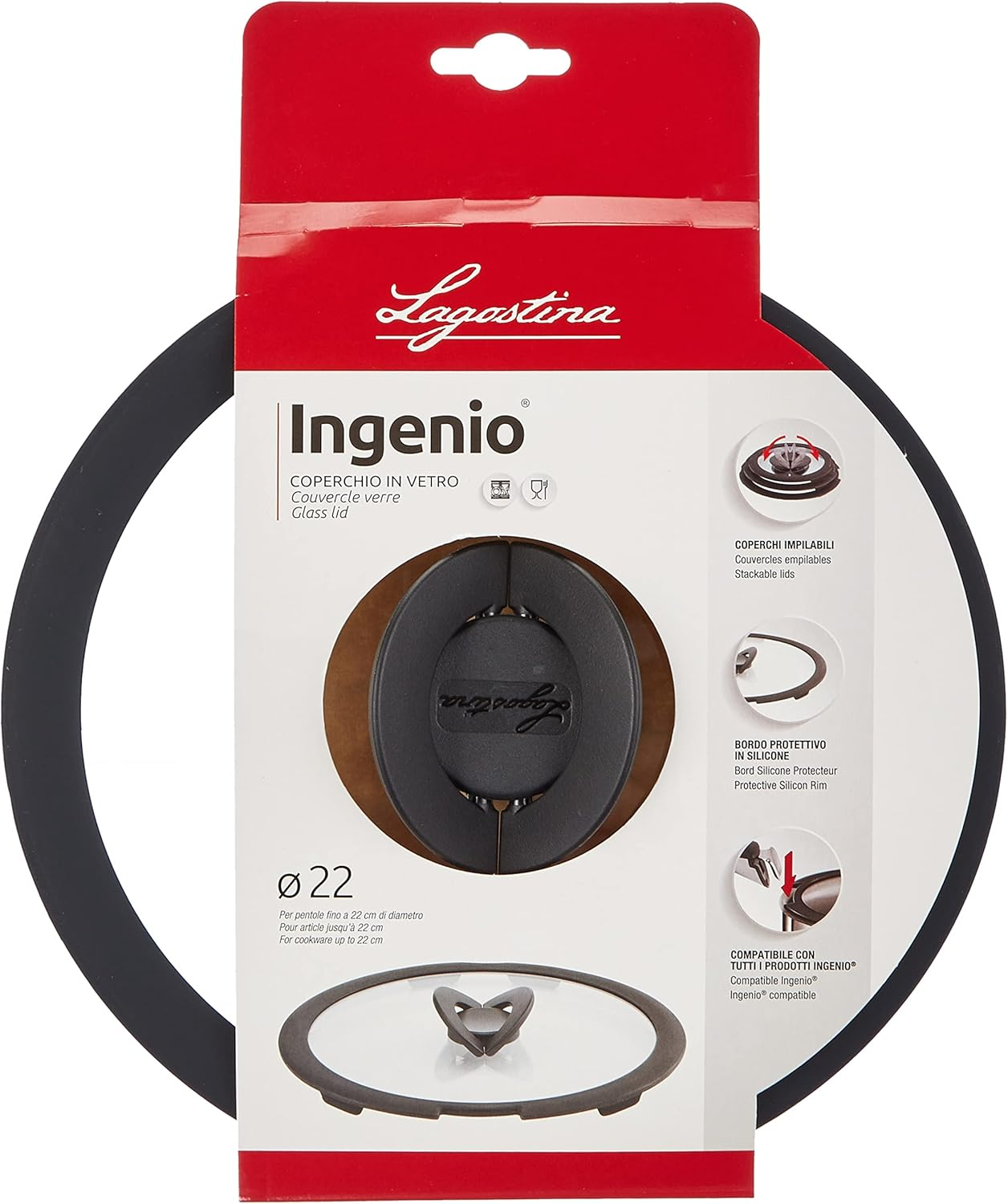 Lagostina Ingenio Induction Glass Lid, Glass, Black/Transparent, 22 Cm image number 2