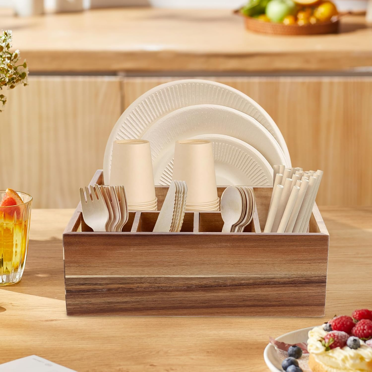 Acacia Wood Utensil Holder for Party - Cutlery Drawer Organiser - Cutlery Holder for Kitchen Camping Buffet, 6-Compartment Utensil Caddy for Forks, Knives, Spoons, Cups image number 2