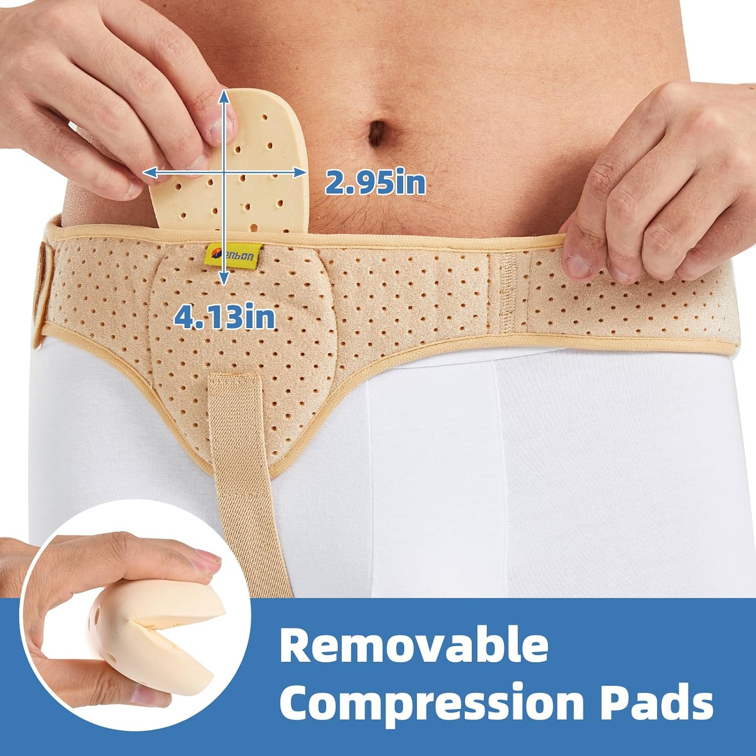 Tenbon Hernia Belt Truss for Men and Women Left or Right Side, Hernia Belt Truss for Single Inguinal or Sports Hernia with Removable Compression Pads for Pre or Post-Surgical Scrotal, Femoral, Comfortable Adjustable Waist Strap Guard, Beige (M) image number 6