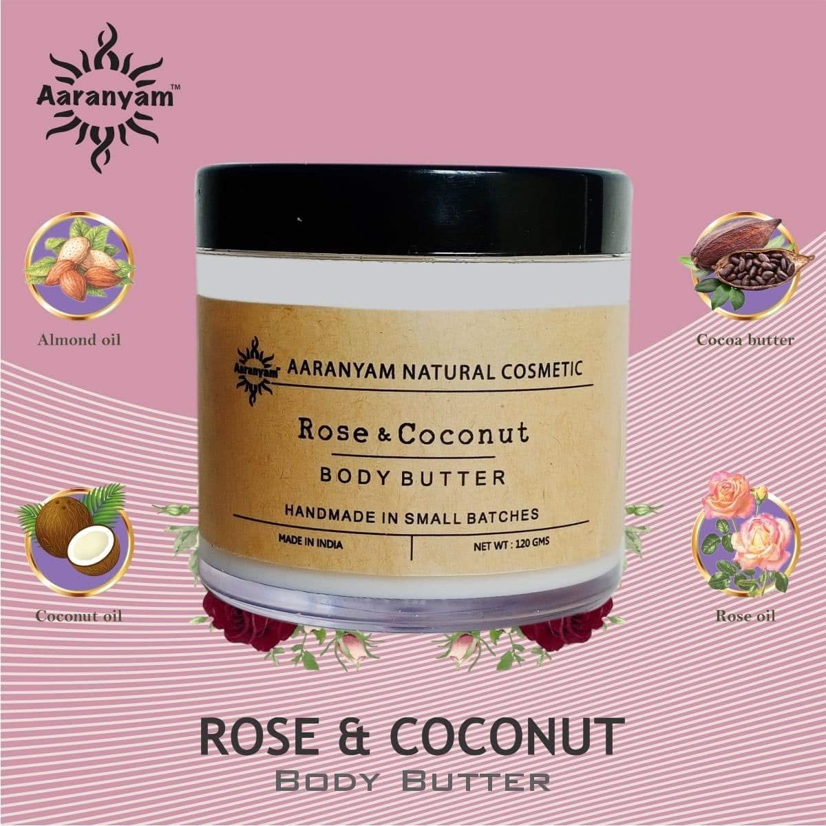 Aaranyam Rose & Coconut Body Butter Moisturizer Cream - Dry Skin Moisturizer with Goodness of Shea Butter Raw Cocoa Butter - Body Cream - Winter Cream for Women & Men, 120 G image number 6
