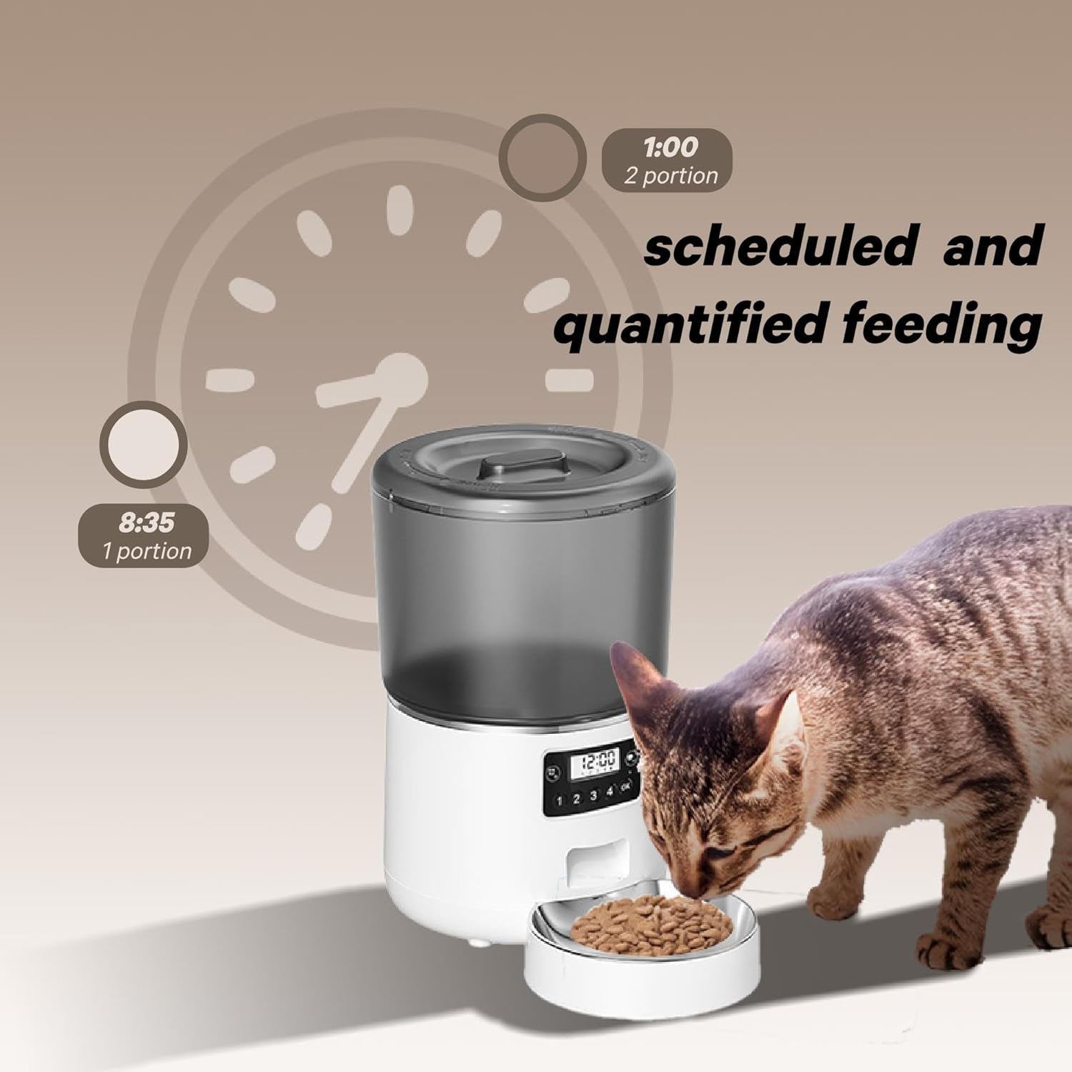 Automatic Cat Feeder, 4L Timed Cat Food Dispenser for Cats & Dogs, Programmable 1-4 Meals/Day, 1-9 Portions/Meal, Stainless Steel Bowl, Reliable Pet Feeder for Fresh & Flexible Feeding image number 3