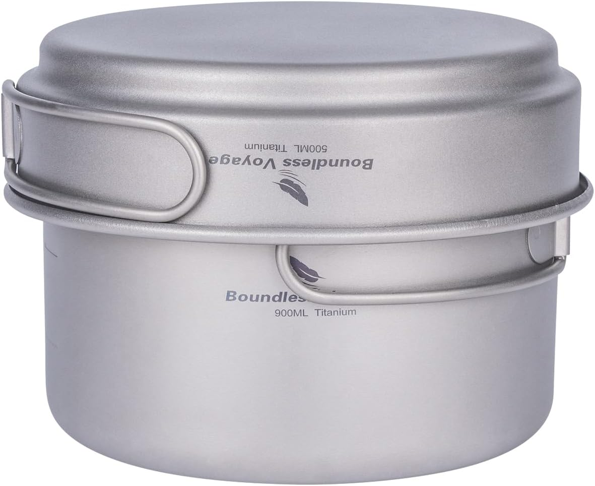 Boundless Voyage Titanium Pots and Pans with Folding Handle Outdoor Camping Soup Pot Bowl Frying Pan Mess Kit Hiking Picnic Travel Backpacking Cookware Tableware Ti1585B 500Ml+900Ml image number 1