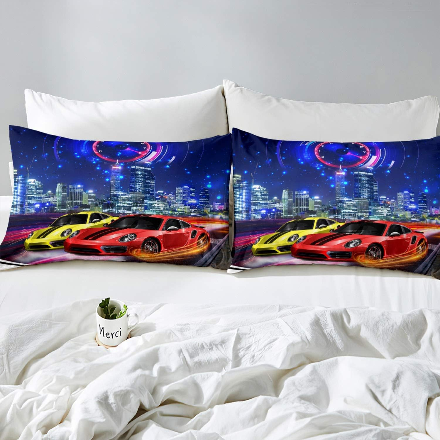 Sports Car Comforter Cover Single Extreme Sports Theme Duvet Cover for Kids Boys Teens Cityscape Racing Car Bedding Set Automobile Style Quilt Cover Luxury Modern Room Decor Bedding Blue Red Yellow image number 7