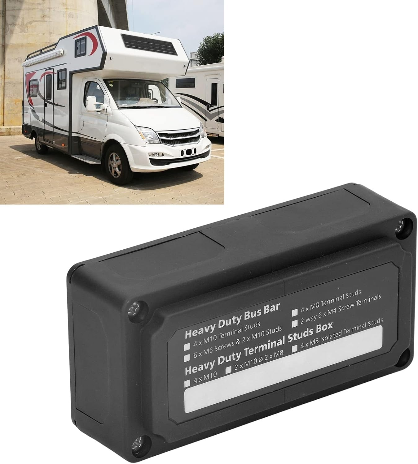 300A 48V Bus Bar, Positive & Negative Power Distribution Block with 4 X M8 Terminal Studs & Cover, Heavy Duty Battery Terminal Block for Marine, Automotive, RV, Boat, Car, Truck (Black) image number 2