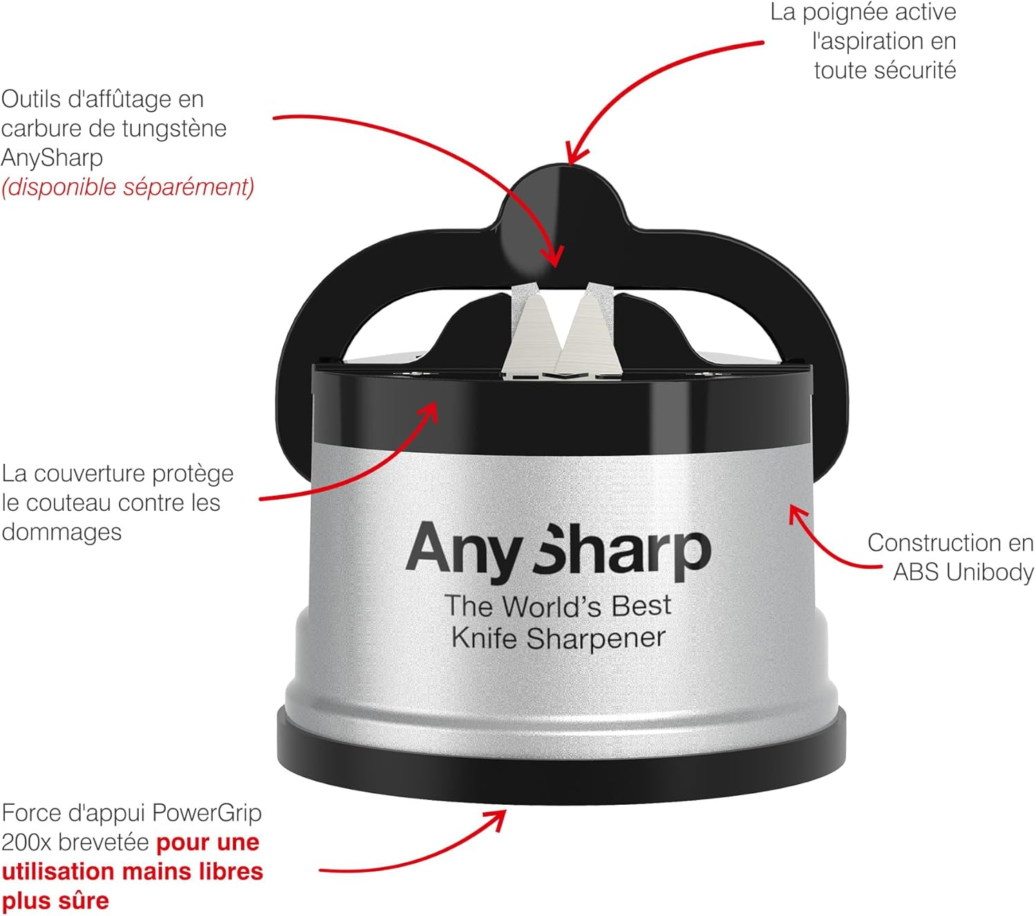 Anysharp Knife Sharpener, Hands-Free Safety, Powergrip Suction, Safely Sharpens All Kitchen Knives, Ideal for Hardened Steel & Serrated, World'S Best, Compact, One Size, Silver - Brick Red image number 2