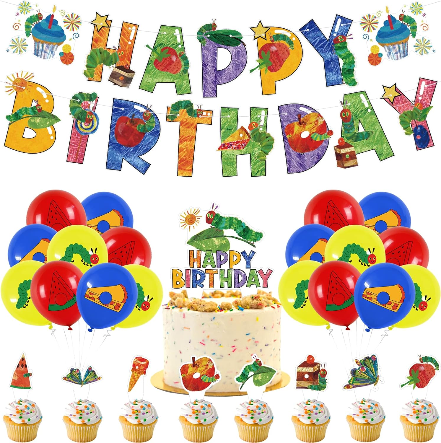 The Very Hungry Caterpillar Birthday Balloons, Banner, Cake Toppers - Bright, Cartoon, Includes Balloon Bow image number 3