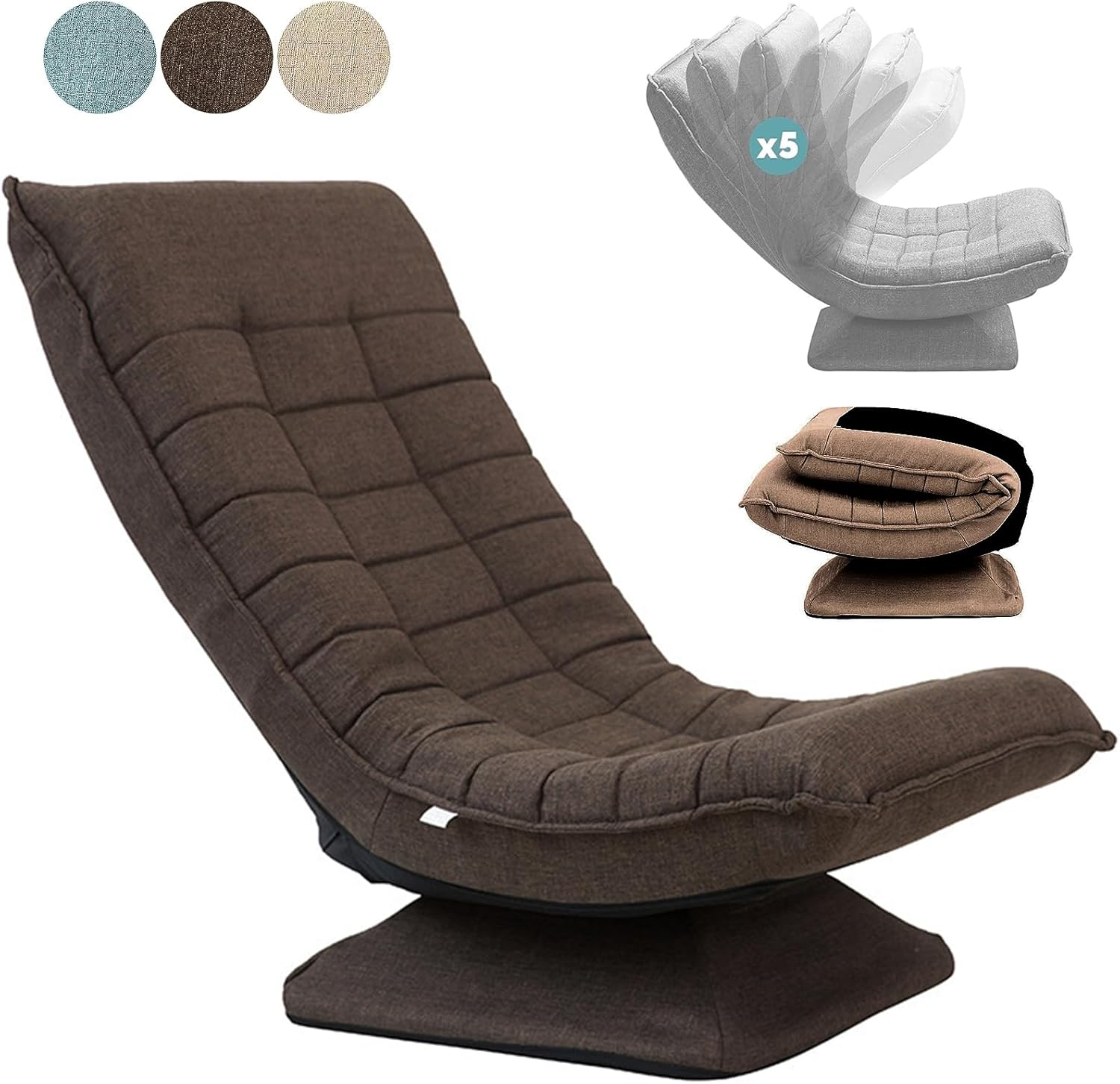 LIODUX Swivel Floor Chair, 5-Position Adjustable Folding Lazy Sofa Lounger Bed, Folding Floor Chair with Adjustable Backrest, for Home & Living Room, Chaise Lounge for Teens Adults (Coffee)