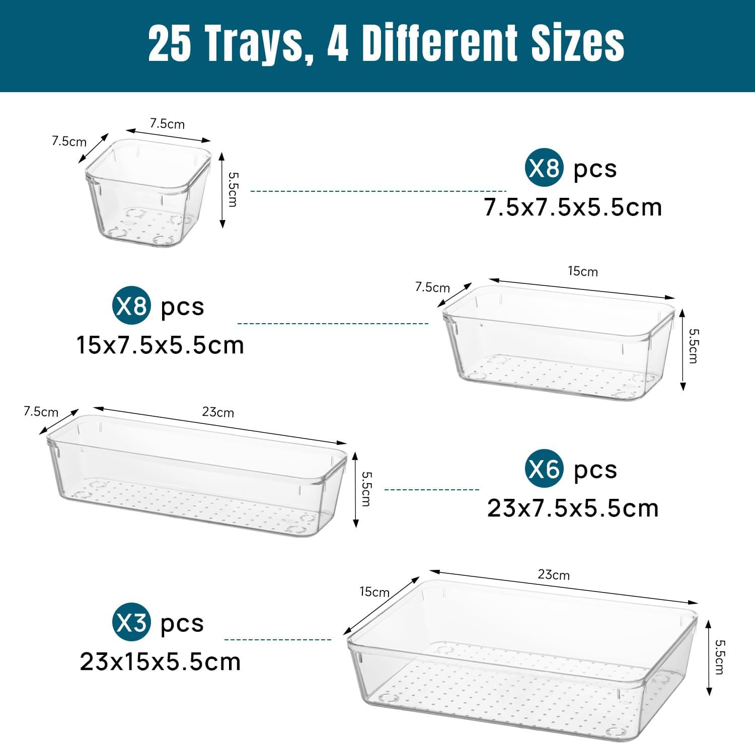 Stelive 25 PCS Clear Plastic Drawer Organisers Set, 4-Size Versatile Bathroom and Vanity Organiser Trays, Non-Slip Storage Containers & Bins for Makeup, Bedroom, Kitchen Utensils and Office image number 4