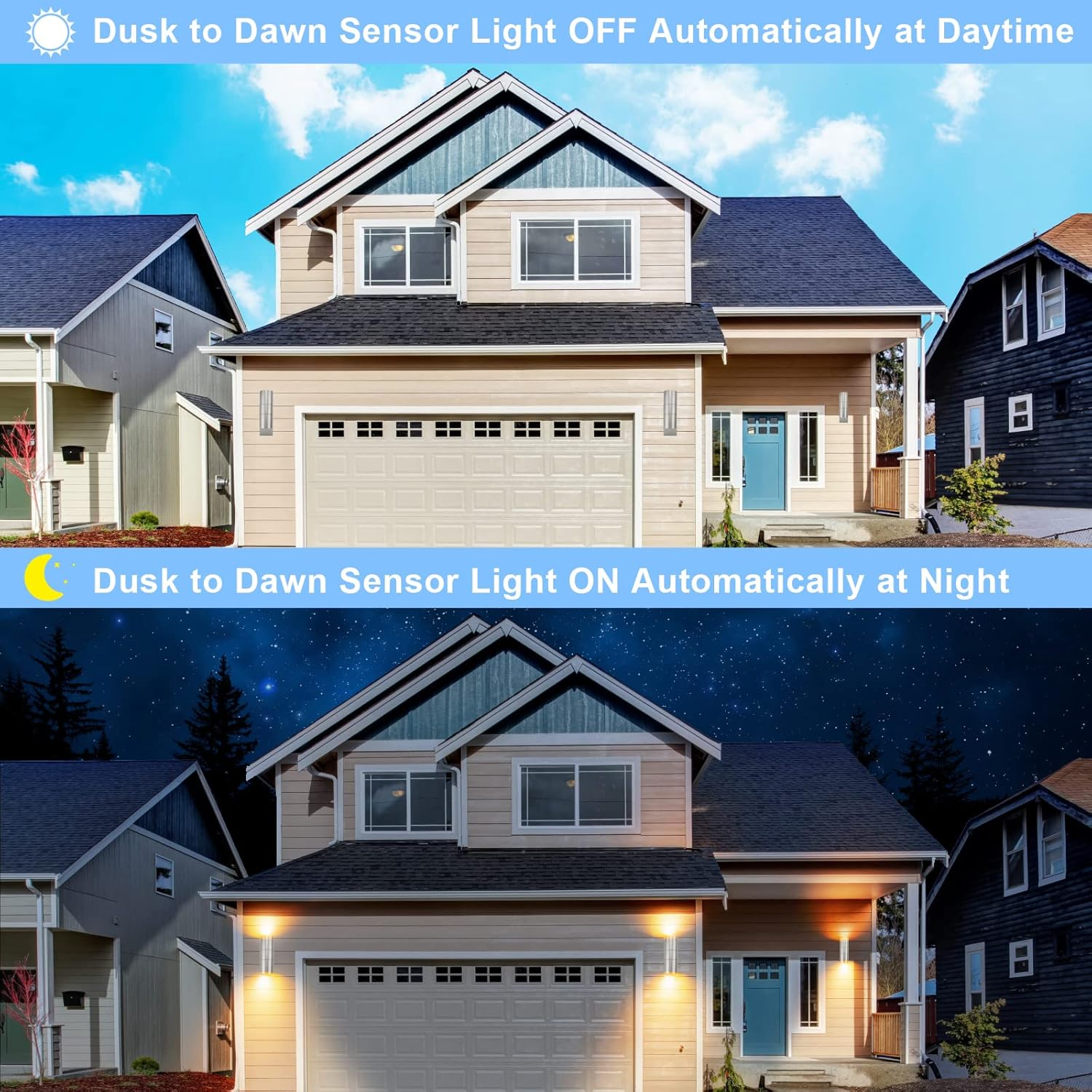 Allesgute Outdoor Wall Light Dusk Till Dawn Sensor up and down outside Lights Mains Powered 240V IP44 Stainless Steel Outdoor Wall Lamp for Porch, Incl. 2X 5W GU10 Bulbs Warm White image number 2