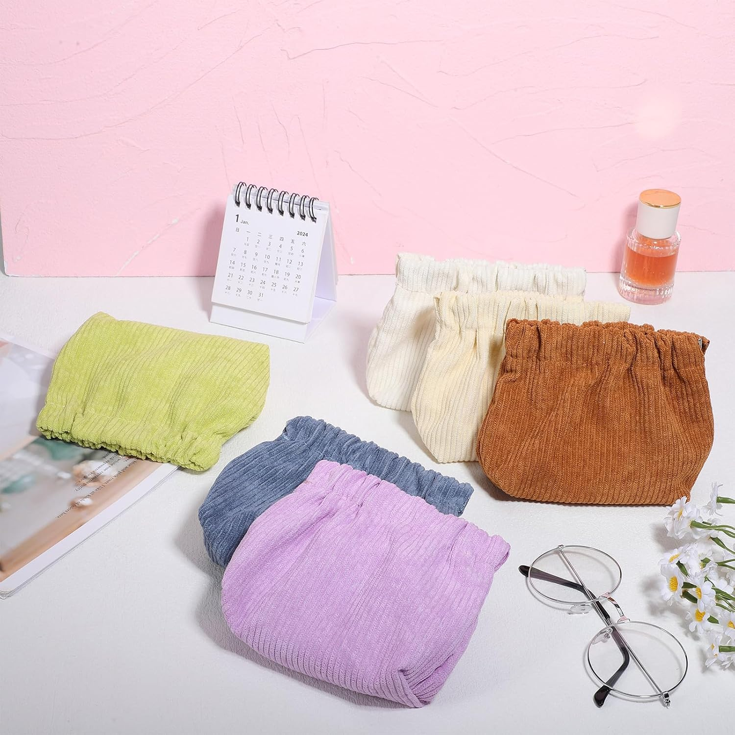 HAMPPLIES Corduroy Makeup Bag 6 Pcs Elastic Storage Pouch Jewelry Organizer Portable Cosmetic Bag for Women Travel Daily Use image number 2