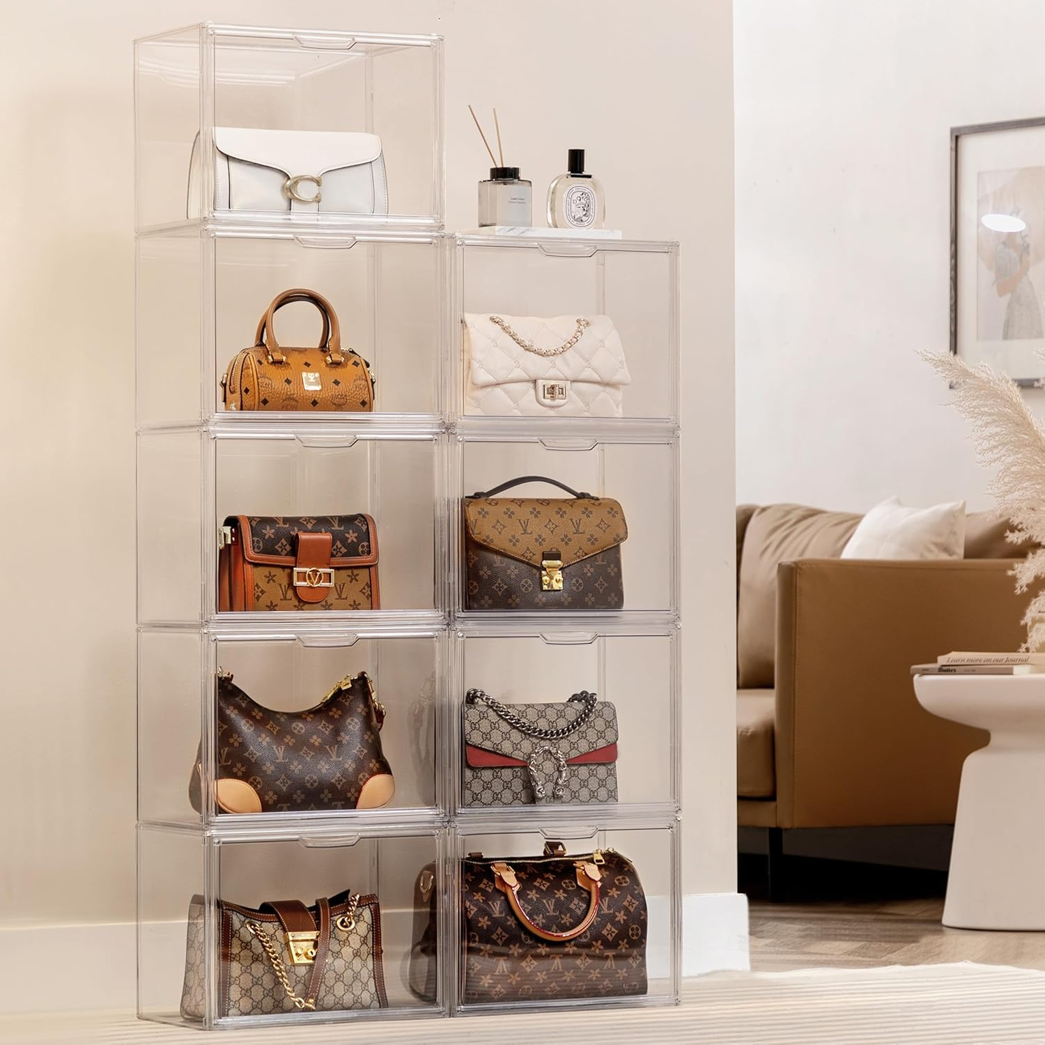 Hblife Clear Purse Organizer for Closet, Stackable Handbag Storage Box Container with Magnetic Door for Collectibles, Cosmetics, Books, Women Heels and Toys (3 Pack, Large) - 5 Pack image number 4