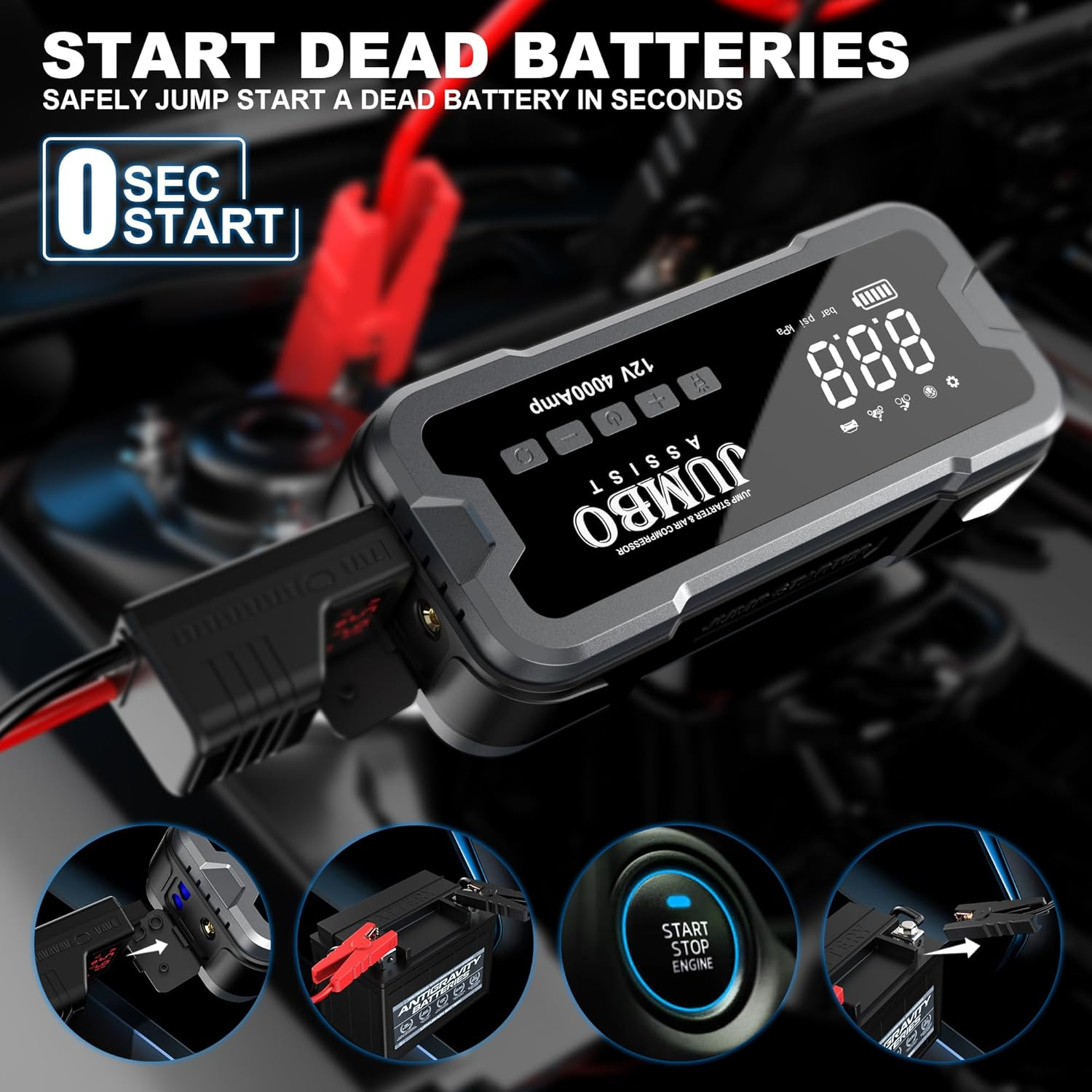 Jump Starter with Air Compressor 150Psi Built-In,12V Powerful 4000A, 24000Mah Slim Powerbank, for 10L Gas, 8L Diesel Engines, Portable Tire Inflator Emergency Kit with High Torch-Lights JUMBO ASSIST image number 4