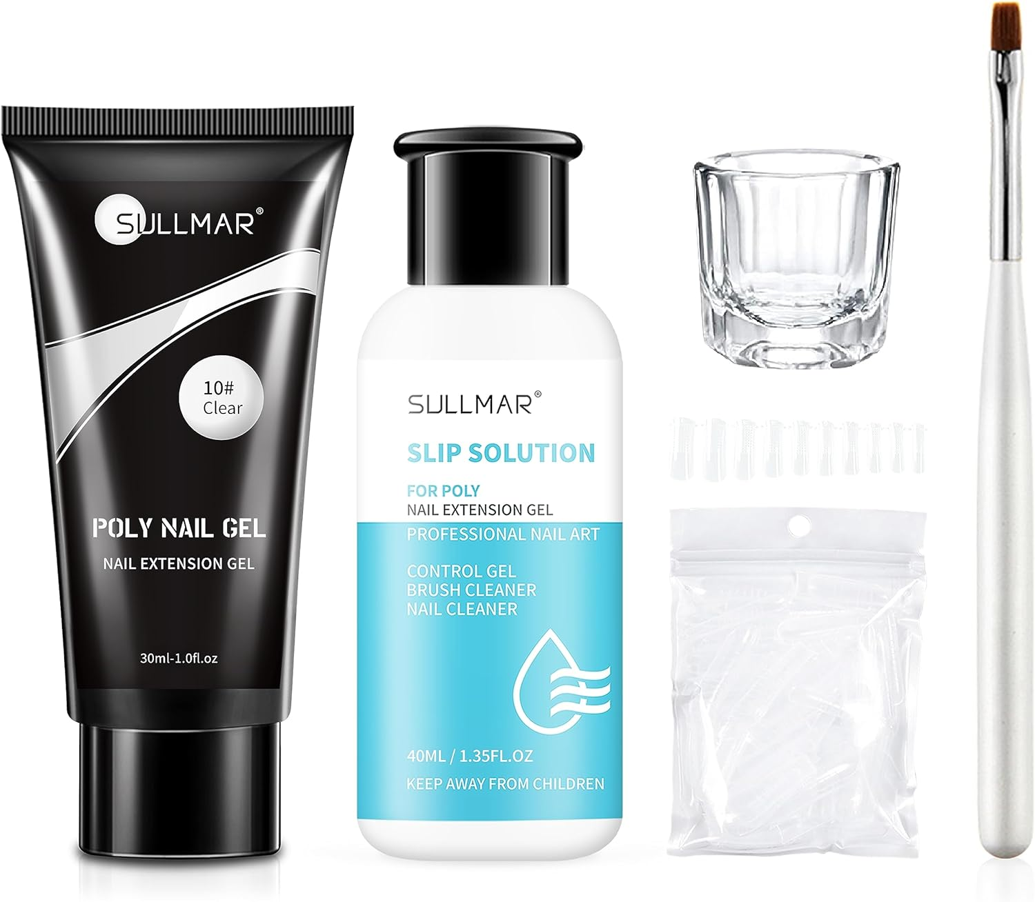 SULLMAR Clear Poly Nail Gel Kit-60Ml/2Fl.Oz Clear Poly Nail Gel Kit,All-In-One Set Nail Extension Gel Nail Kit with Slip Solution Dual Form Nail Brush and Glass Cup,Nail Art Design for Beginners