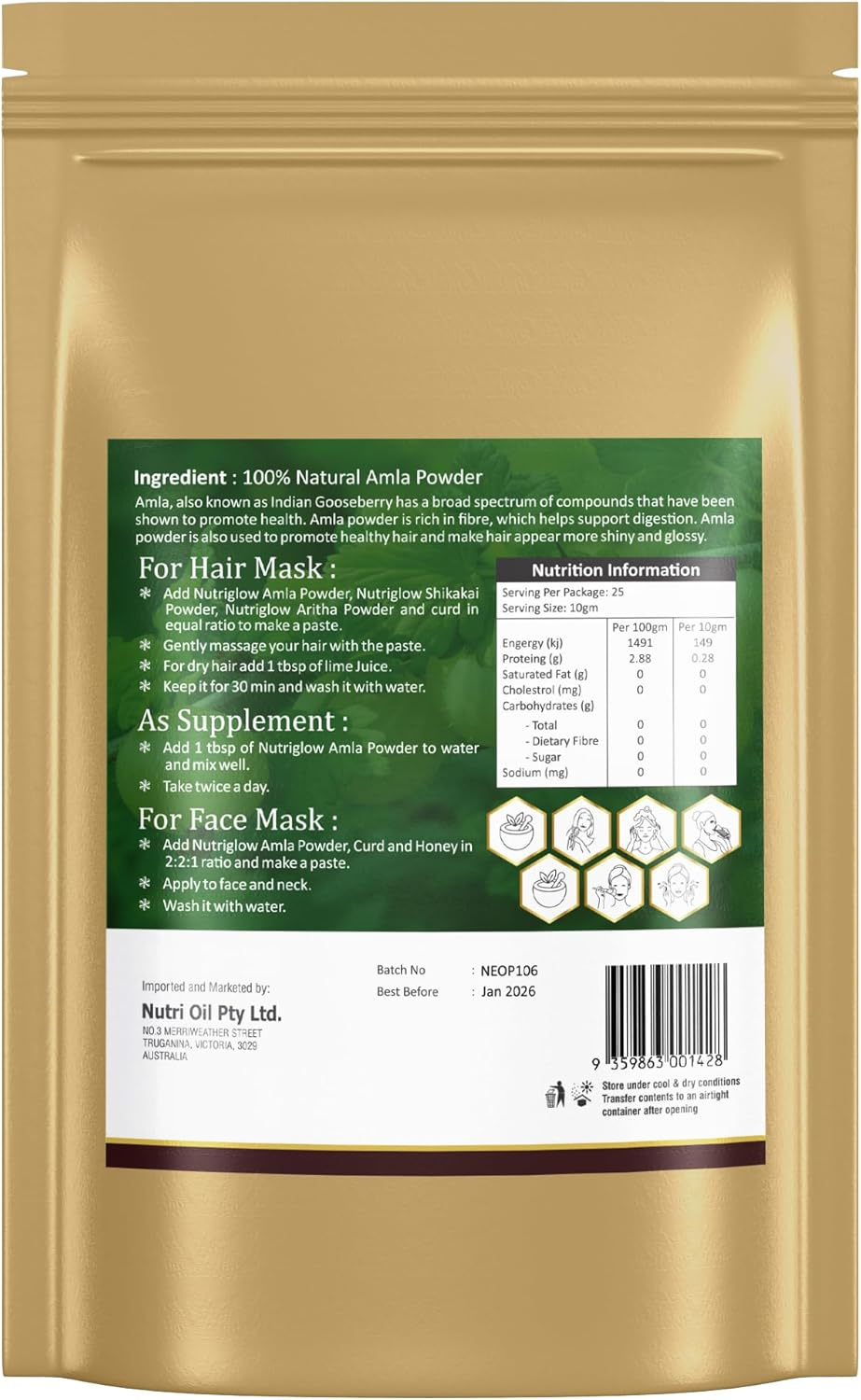 Nutri Glow | Amla Fruit Powder | 8.81 Oz (250 G) | Amalaki | Phyllanthus Emblica | Indian Gooseberry Powder | for Cooking, Smoothies, Latte, Skin & Hair Care | Resealable Air Tight Pouch image number 6