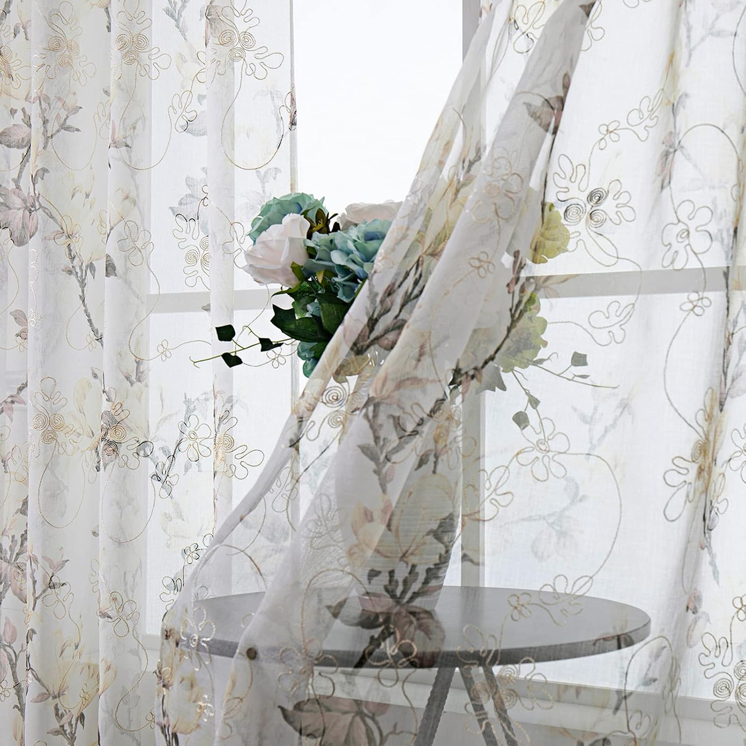 Tollpiz Floral White Sheer Curtain Flower Print Vine Embroidery Bedroom Curtains Rod Pocket Voile Window Curtain for Living Room, 54 X 84 Inches Long, Set of 2 Panels image number 1