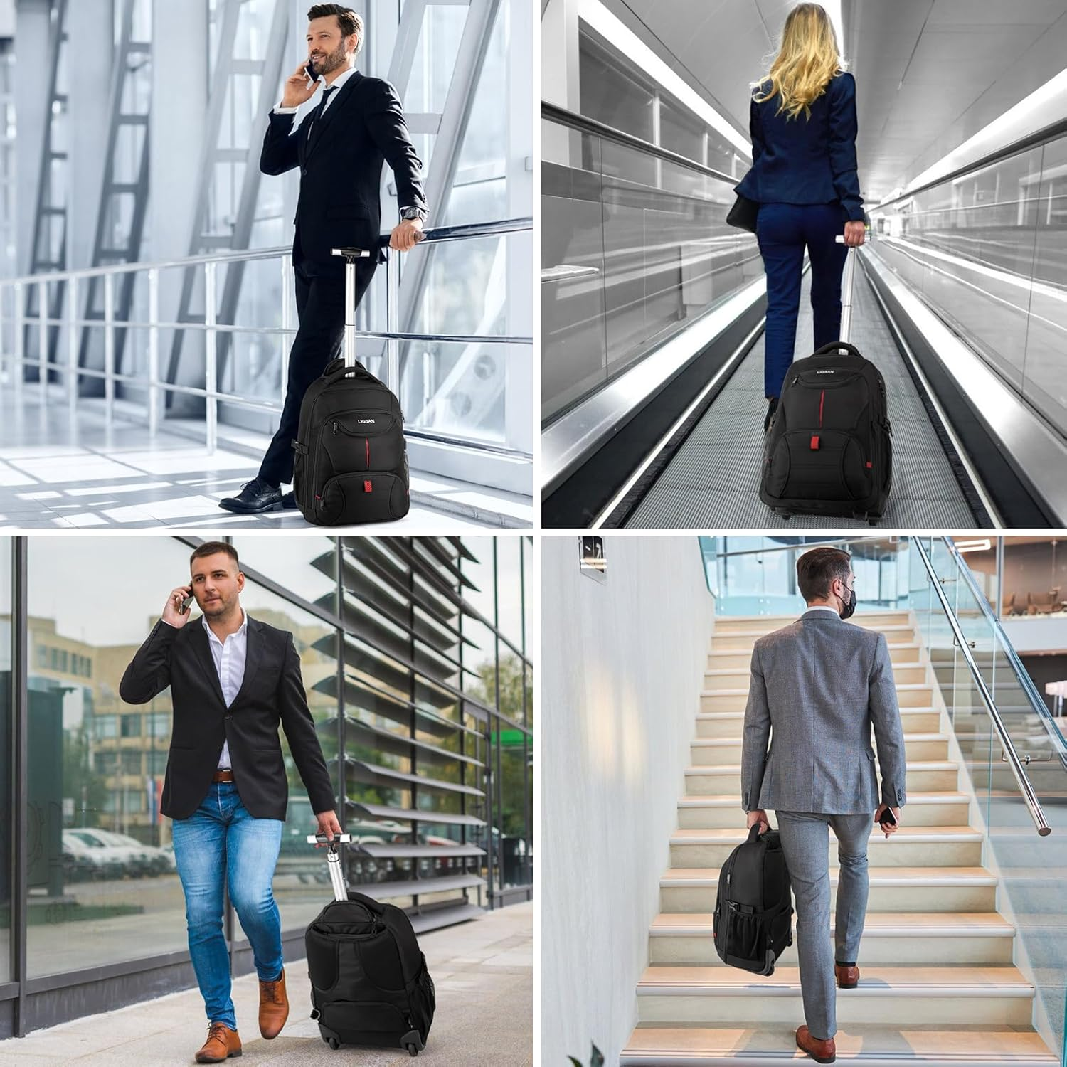 Travel Backpack with Wheels, 55X36X25 Cm Large Rolling Wheeled Travel Rucksack for Men Women, Trolley Business Suitcase Hand Luggage College School Computer Bag, Fit 18.4'' Laptop, Black image number 3