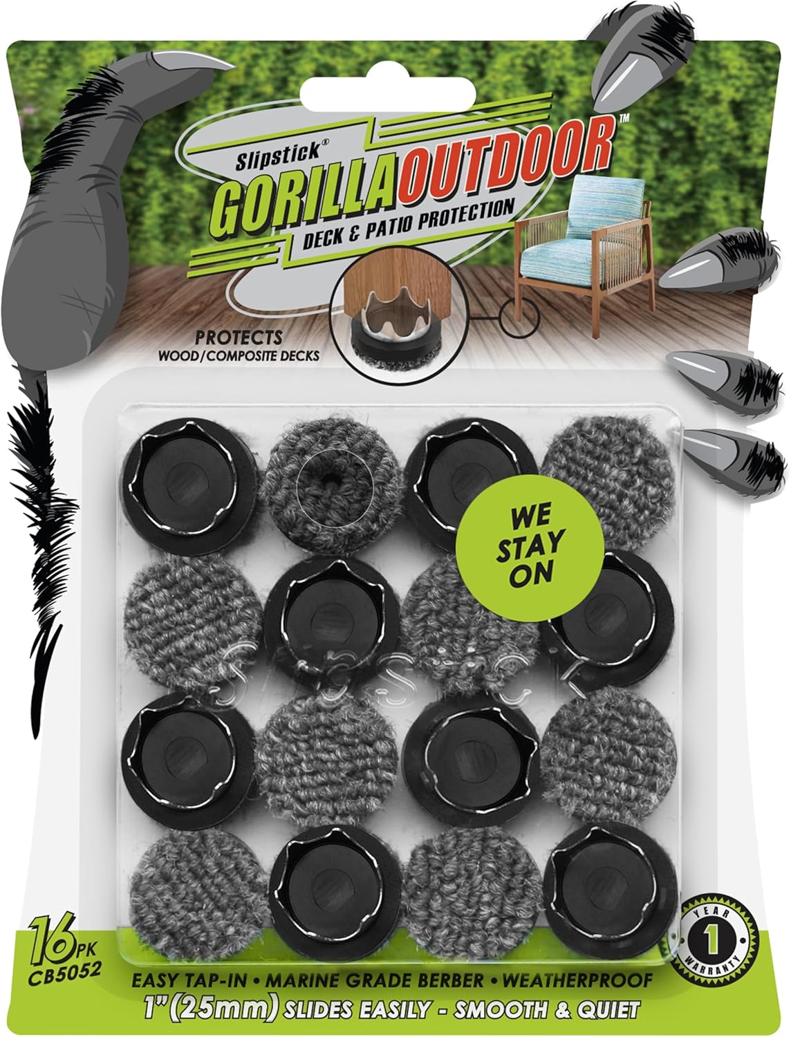 Gorilla Outdoor 25Mm Furniture Feet Floor Protectors/Weatherproof Berber Glides (Set of 8) Tap on Furniture Pads Guaranteed to Stay On, for Outdoor & Indoor Use